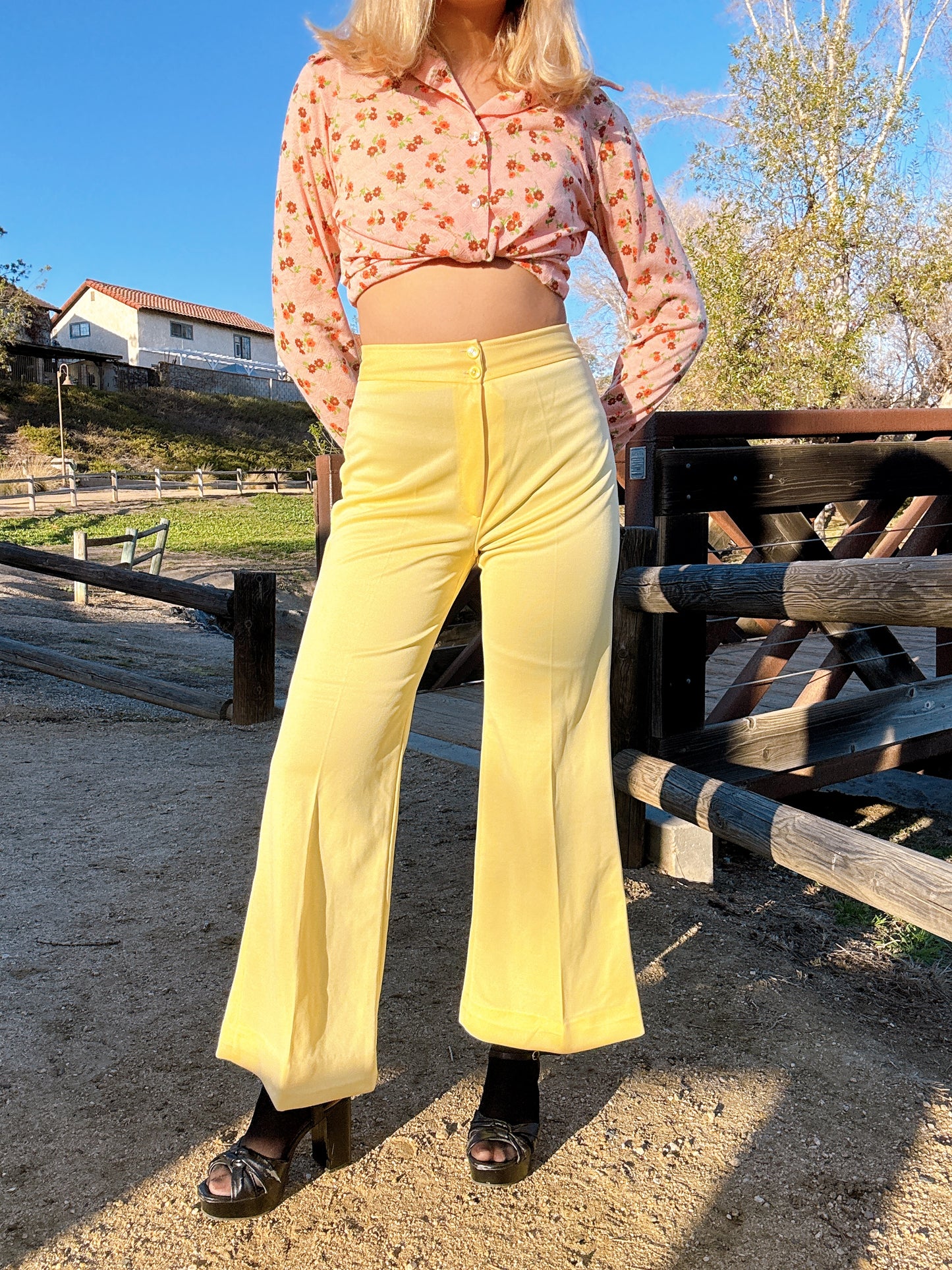 1970s Yellow Flared Polyester Pants