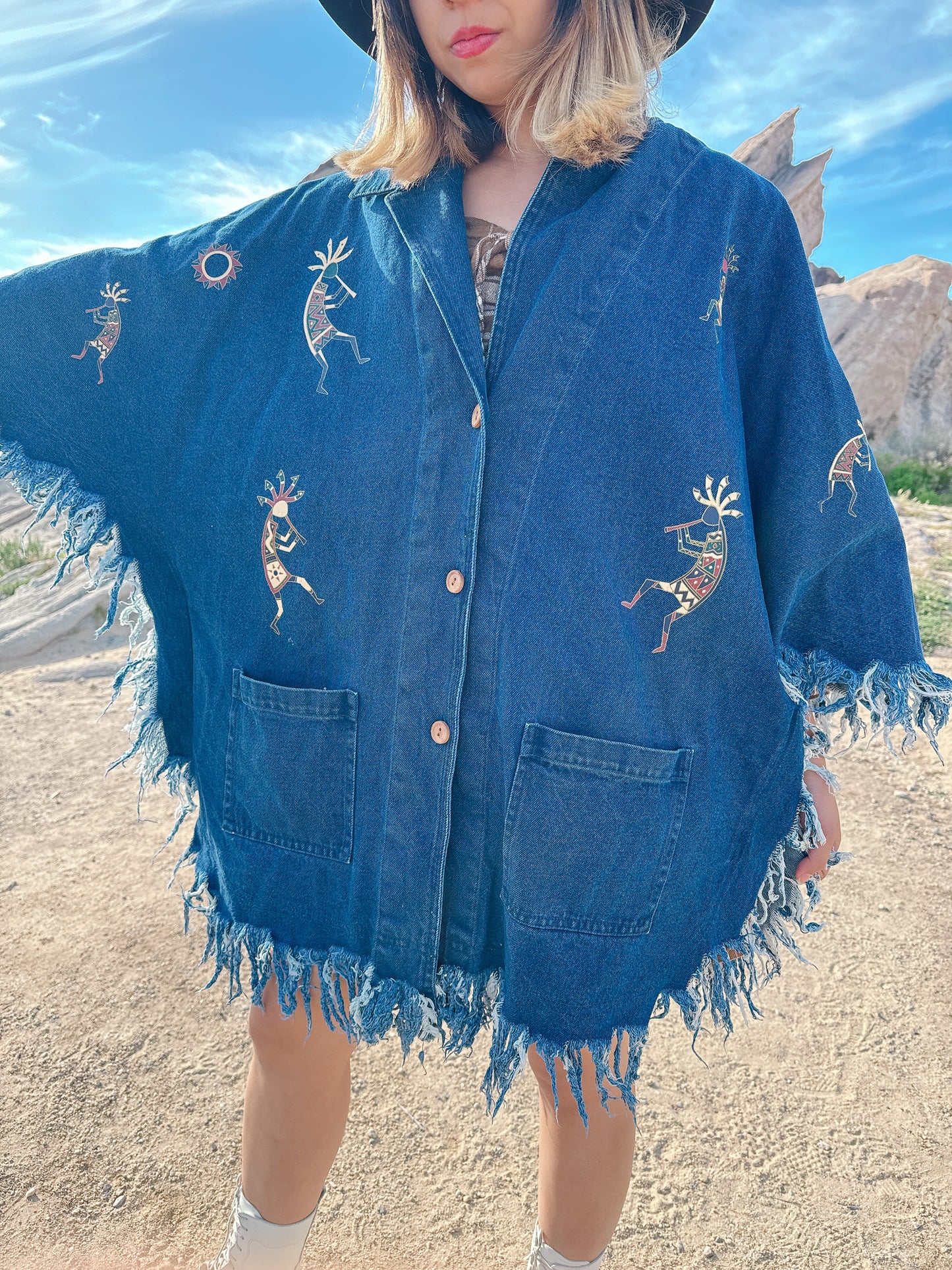 1990s Novelty Ethnic Denim Fringe Cape Jacket