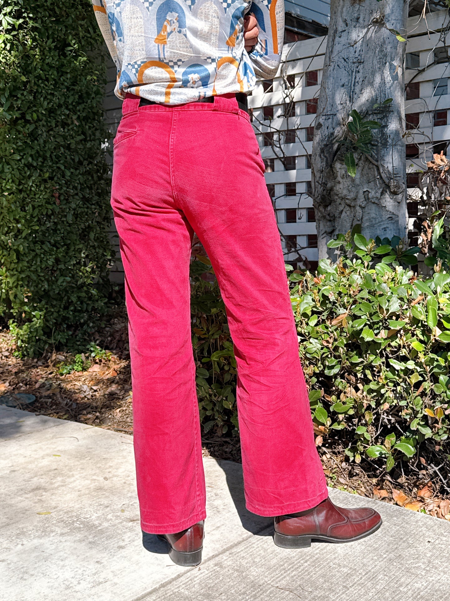 1970s High Waisted Burgundy Brushed Cotton Flared Pants + Wide Belt Loops