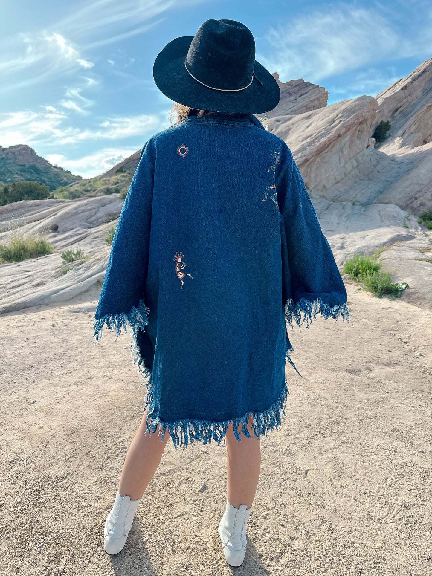 1990s Novelty Ethnic Denim Fringe Cape Jacket