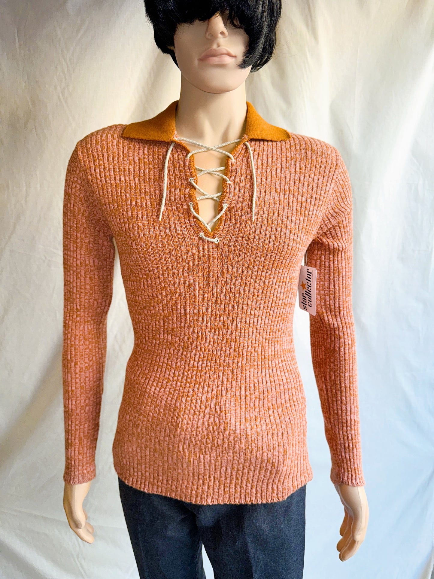 1970s Peachy Orange Heather Tie-Up Pullover Knit Top