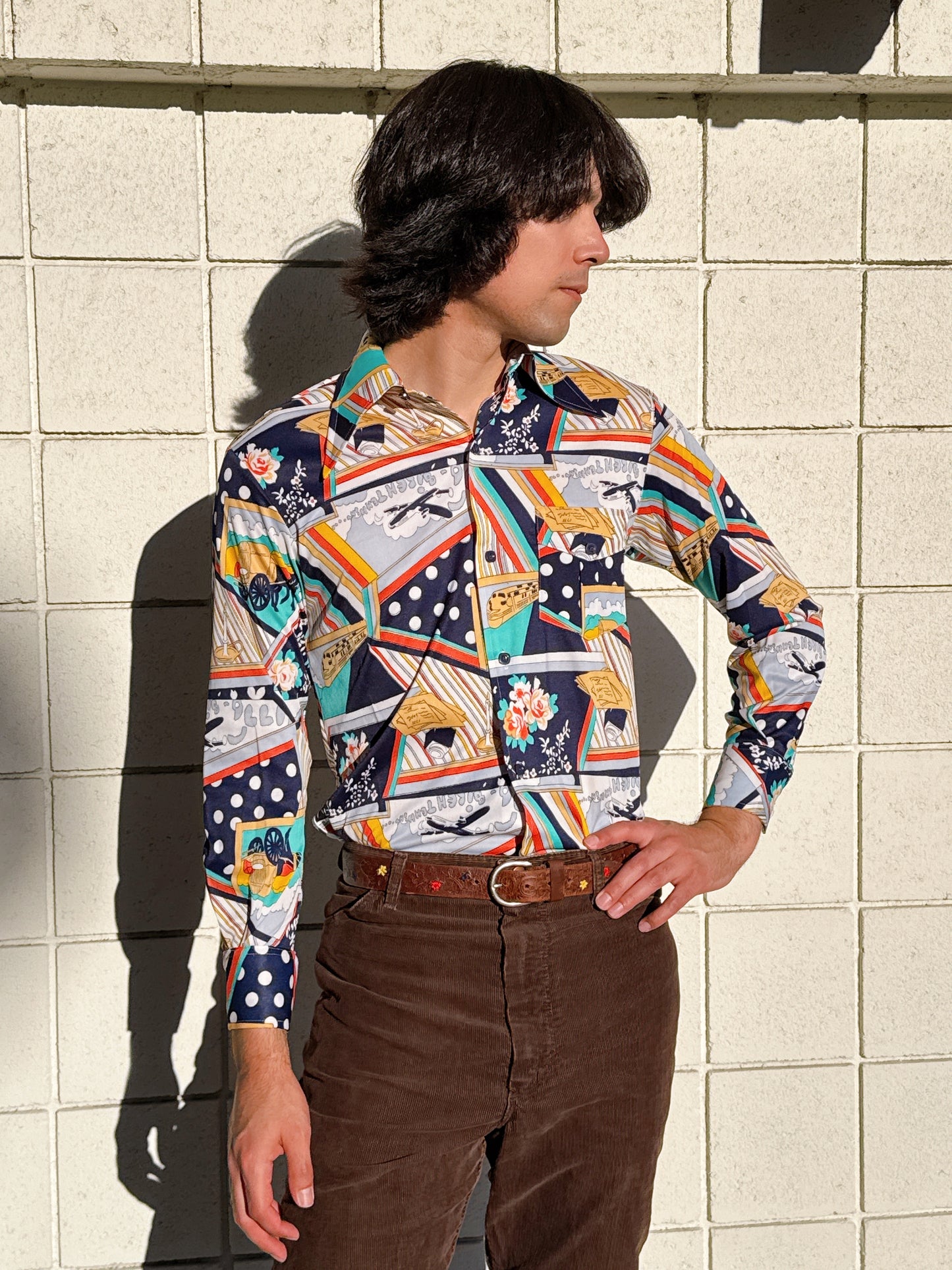 1970s Bicentennial Novelty Abstract Nylon Button Up Top