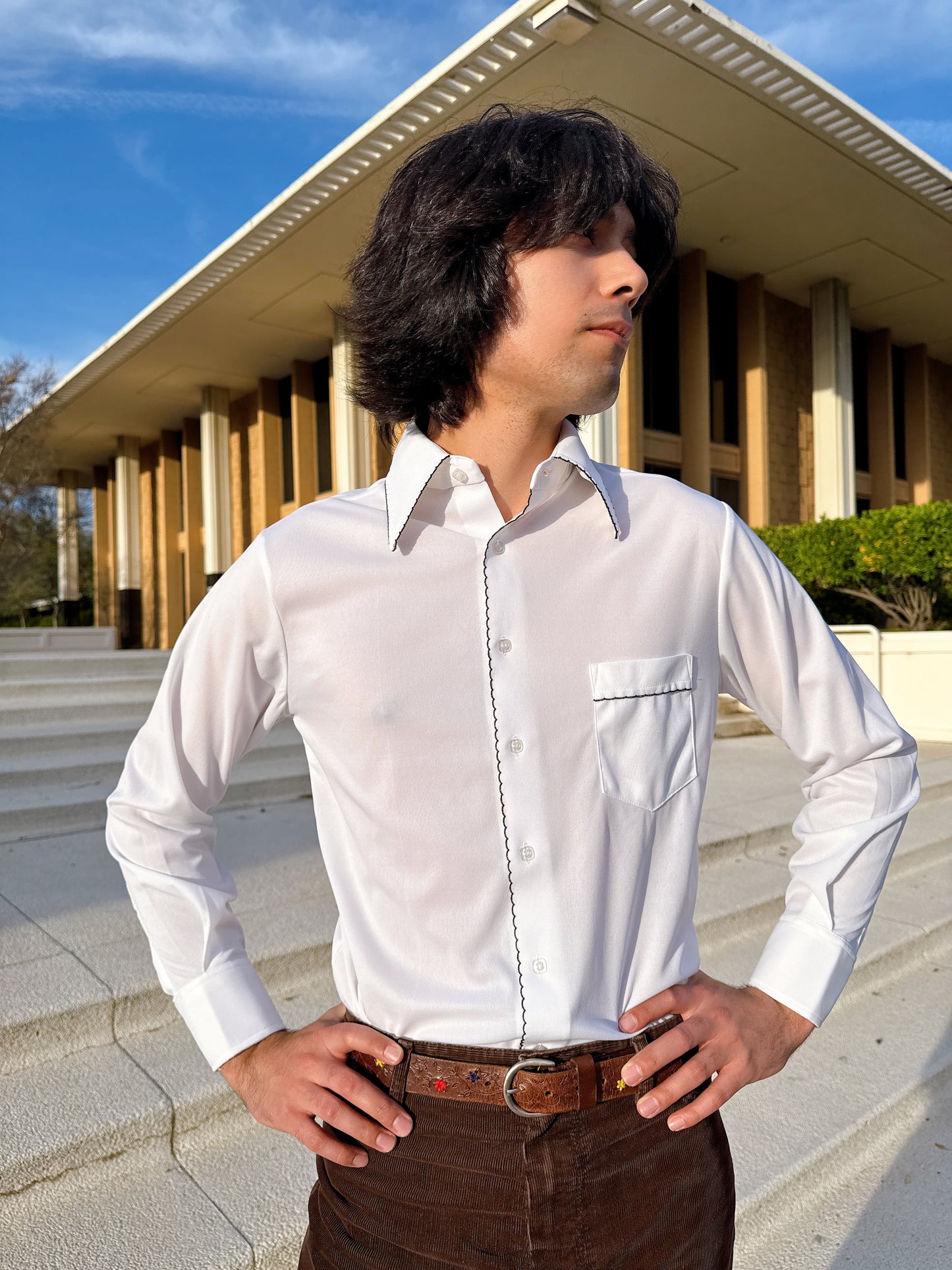 1970s White and Black Scallop Trim Button Up Top