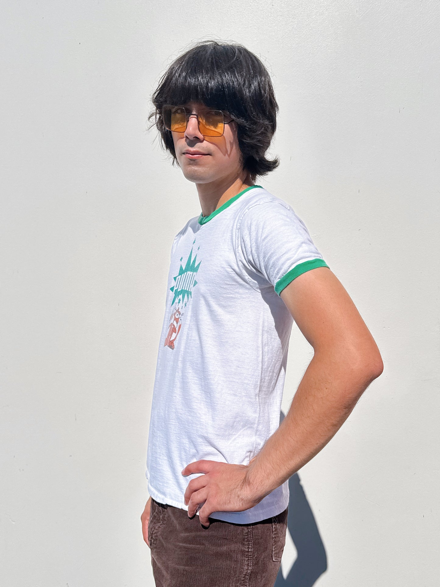 1970s 1980s Puma Panther Pistol White & Green Ringer T-Shirt