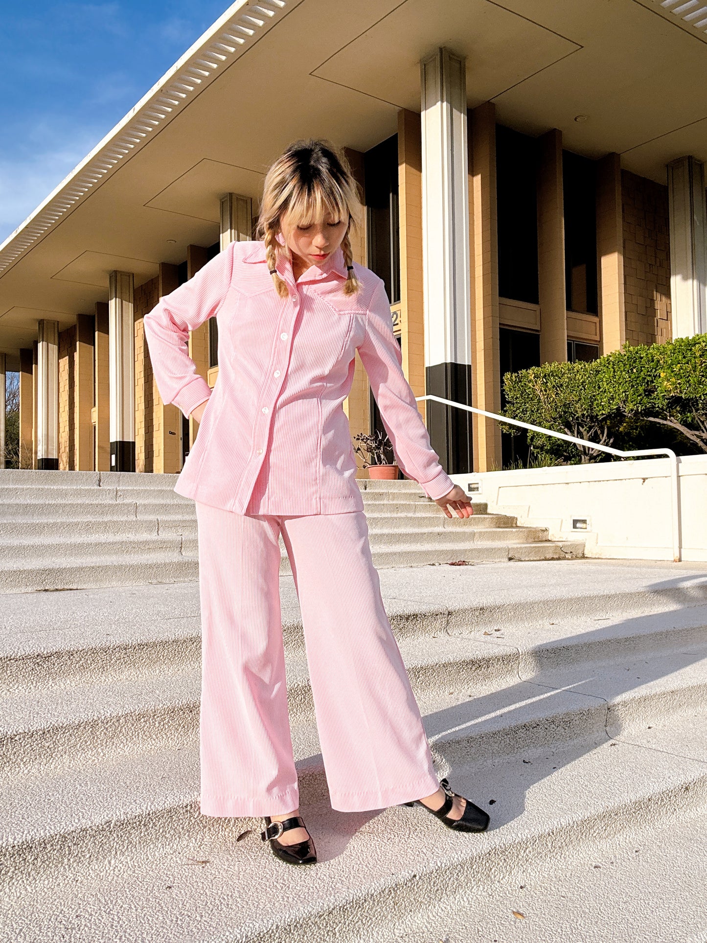 1970s Pink & White Pinstripe Top & Flare Pants Two Piece Set