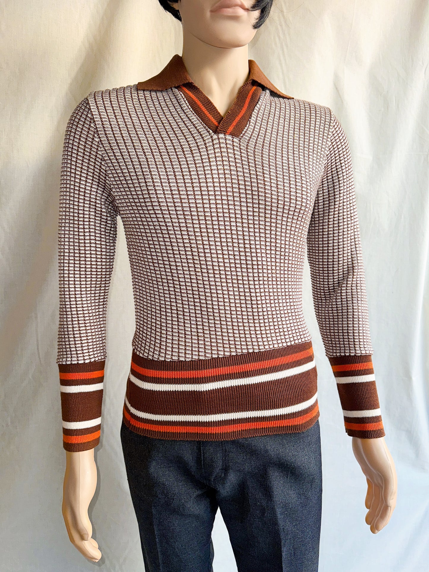 1970s Brown, Orange, White V-Neck Collar Pullover Knit Top