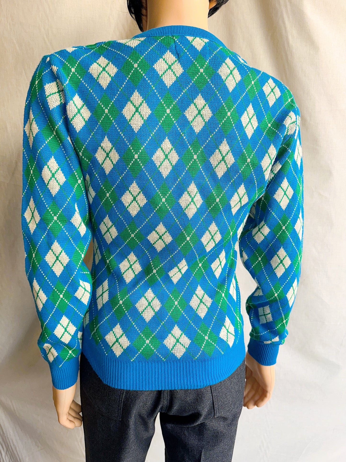 1970s Bright Blue, White, Green Argyle V-Neck Sweater