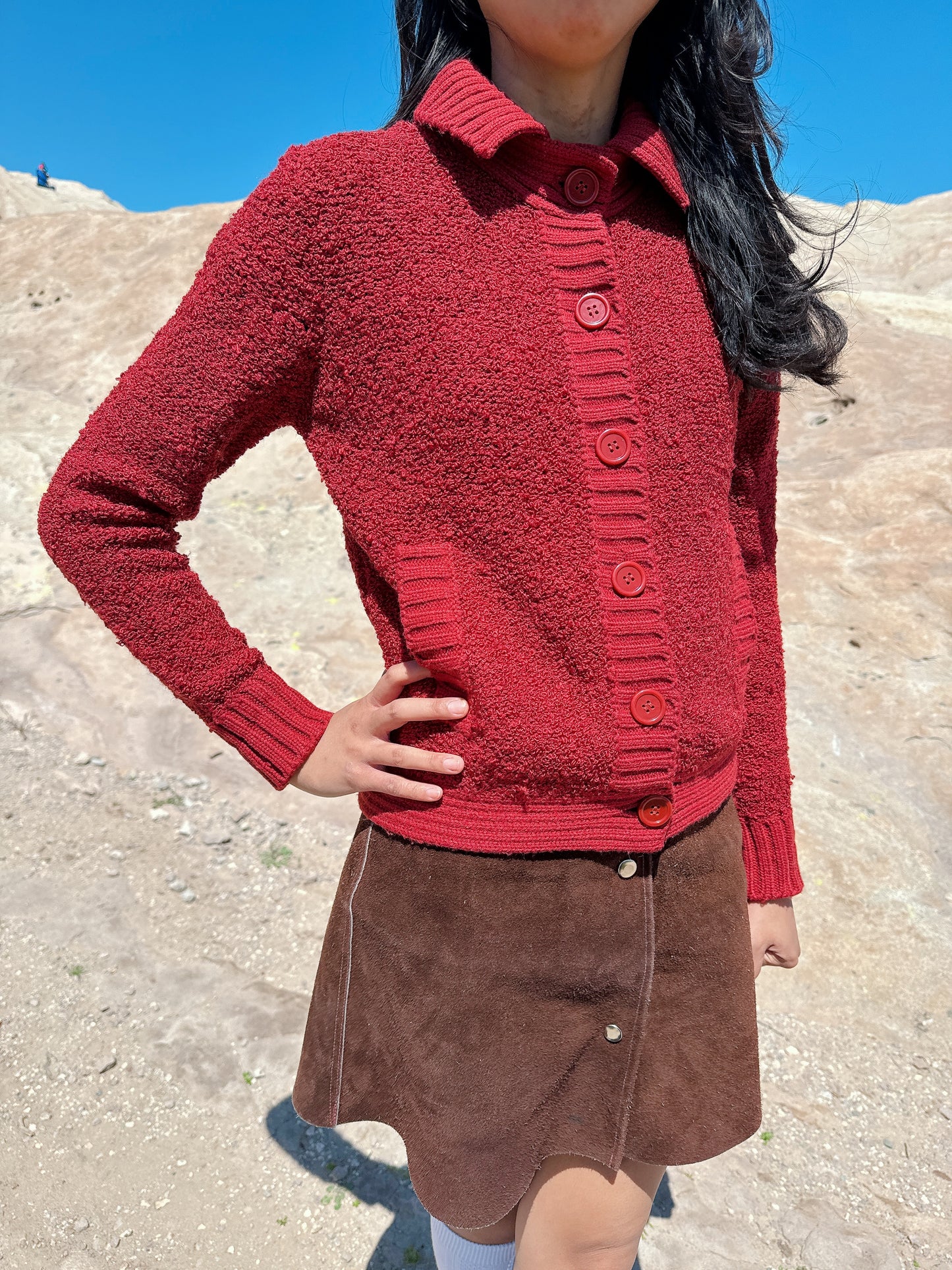 1960s Cranberry Boucle Knit Cardigan
