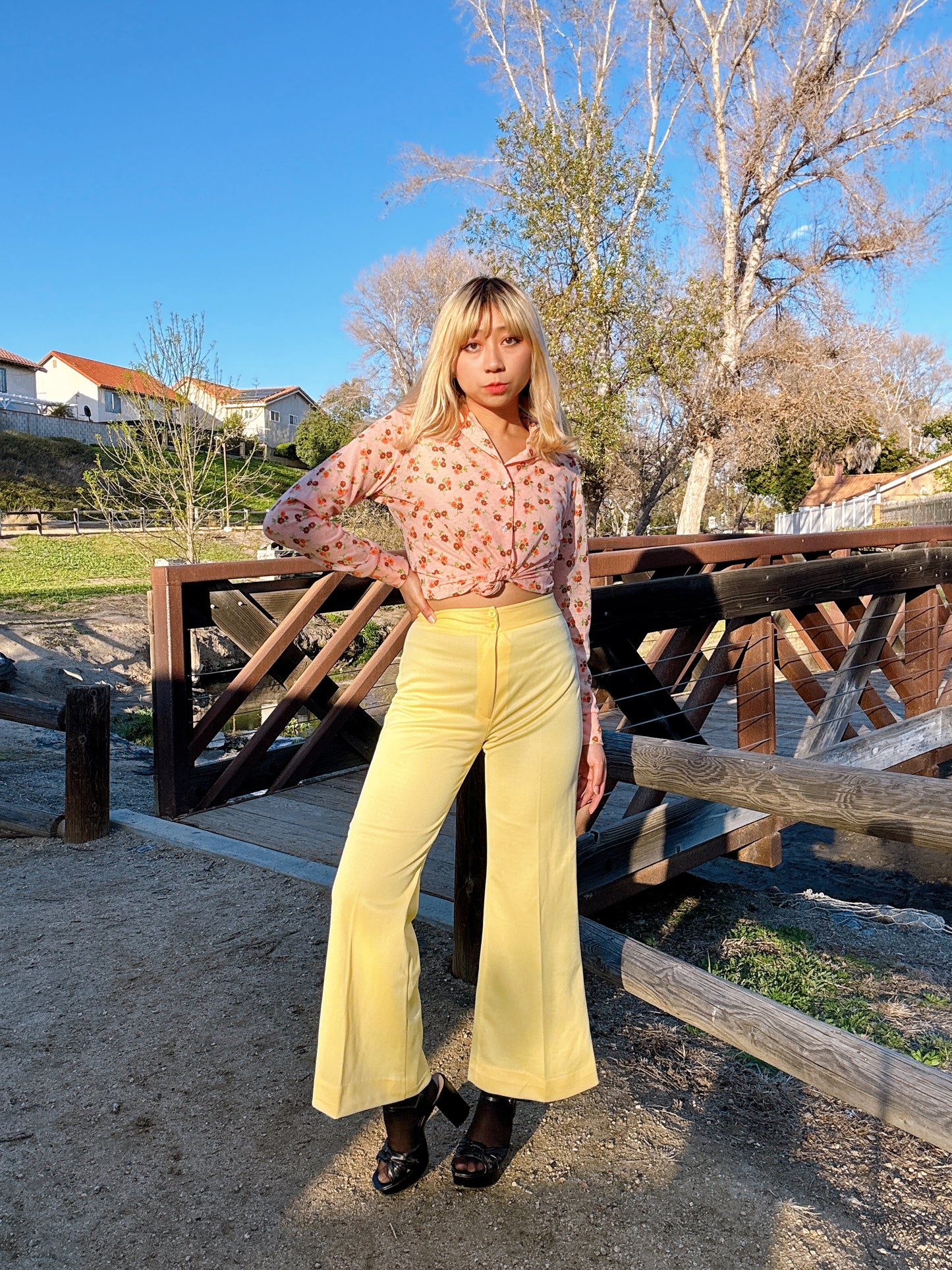 1970s Yellow Flared Polyester Pants