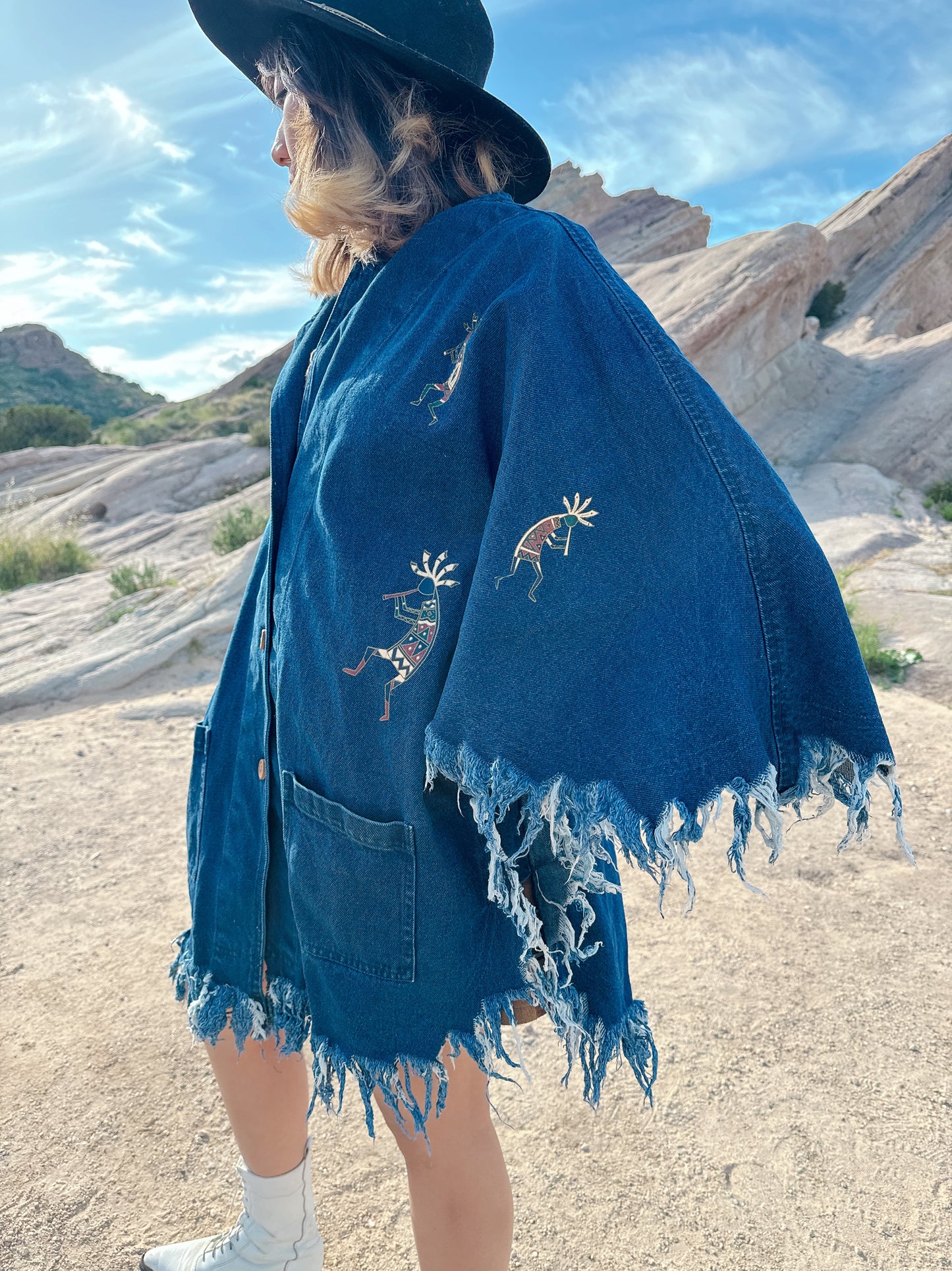 1990s Novelty Ethnic Denim Fringe Cape Jacket
