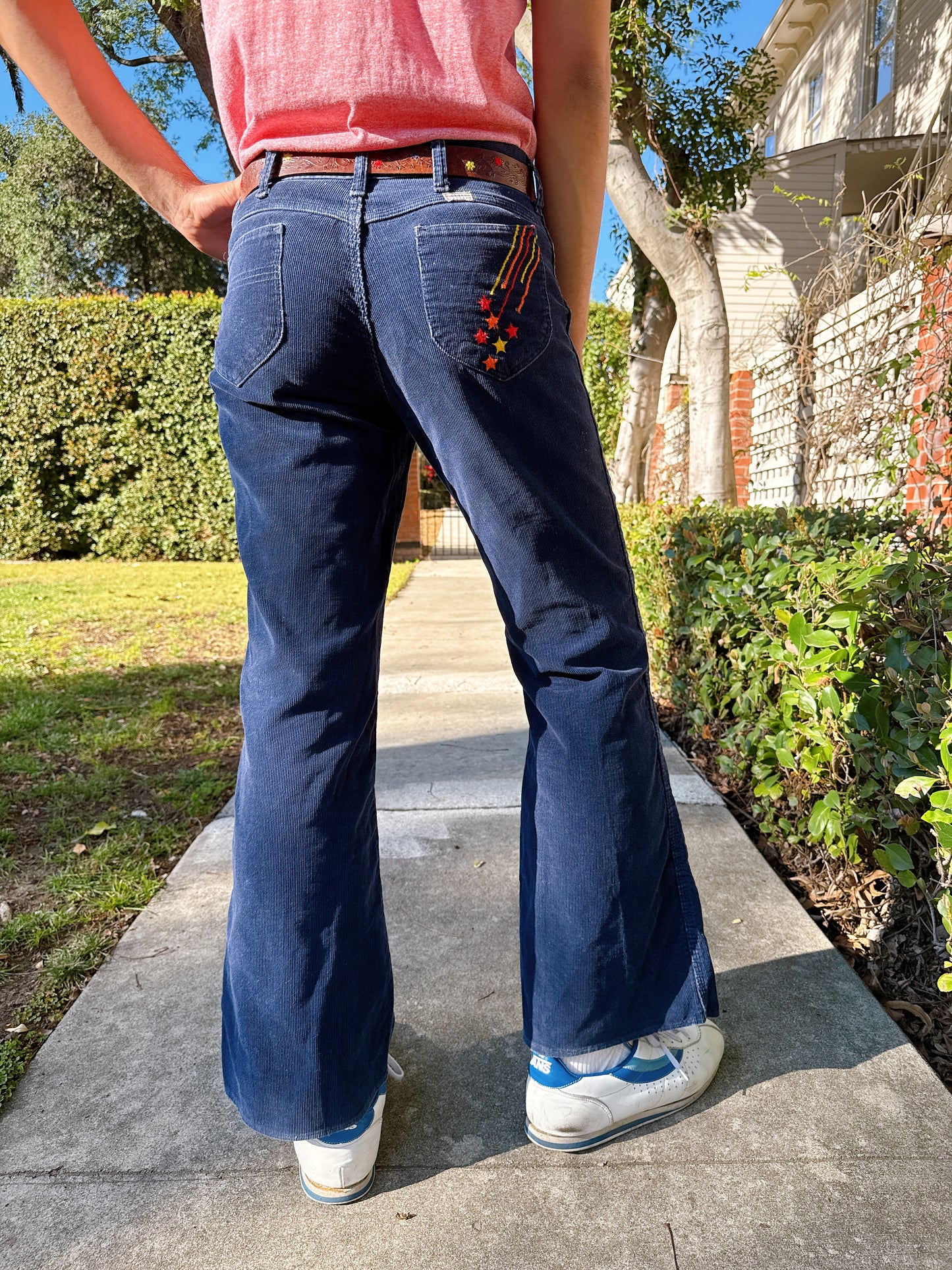 1970s Navy Corduroy Flared Pants w/ Embroidered Shooting Star Novelty Back Pocket Stitching by Sedgefield