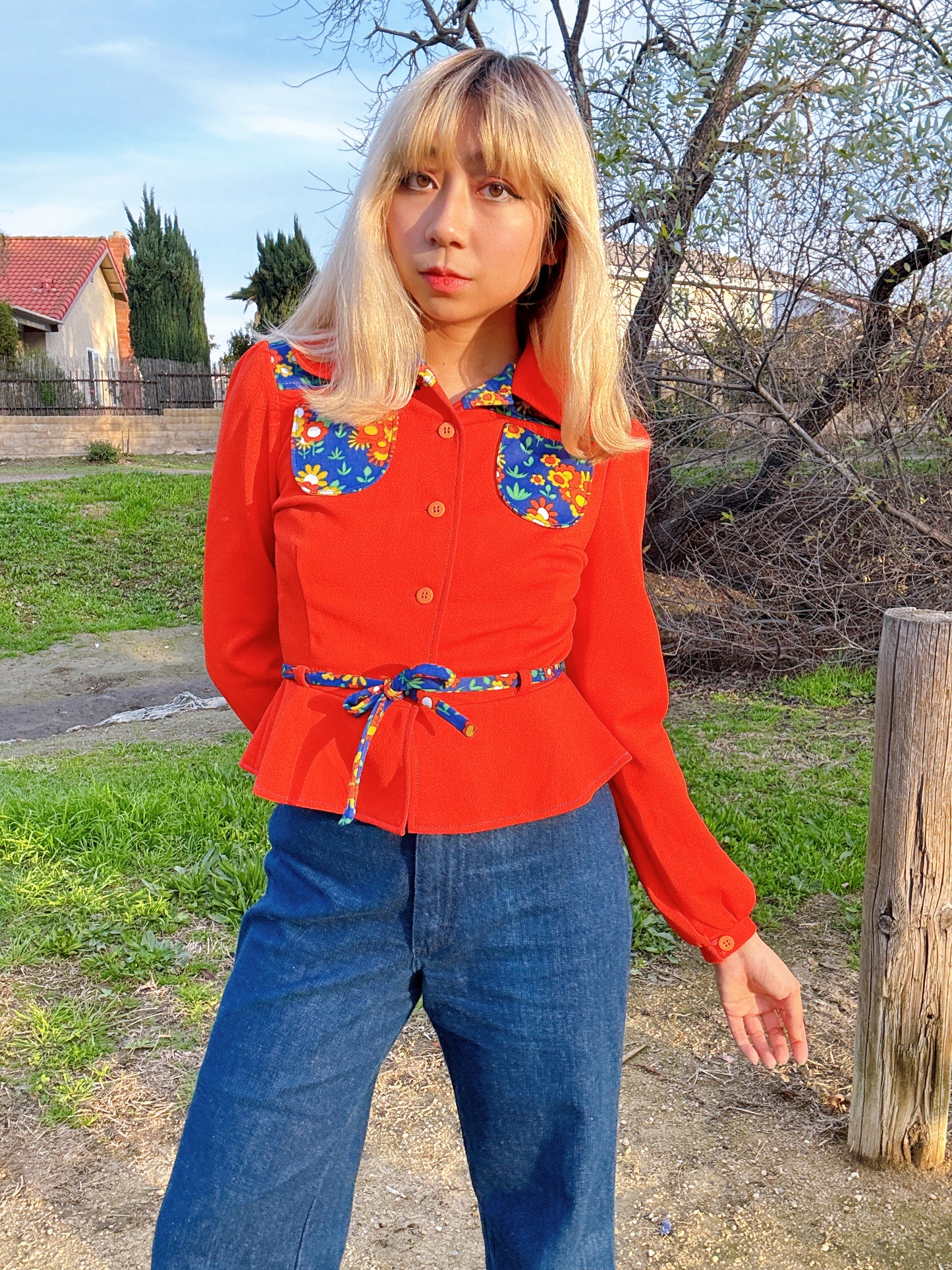 1970s Blue Floral & Red Polyester Peplum Top with Beagle Collar