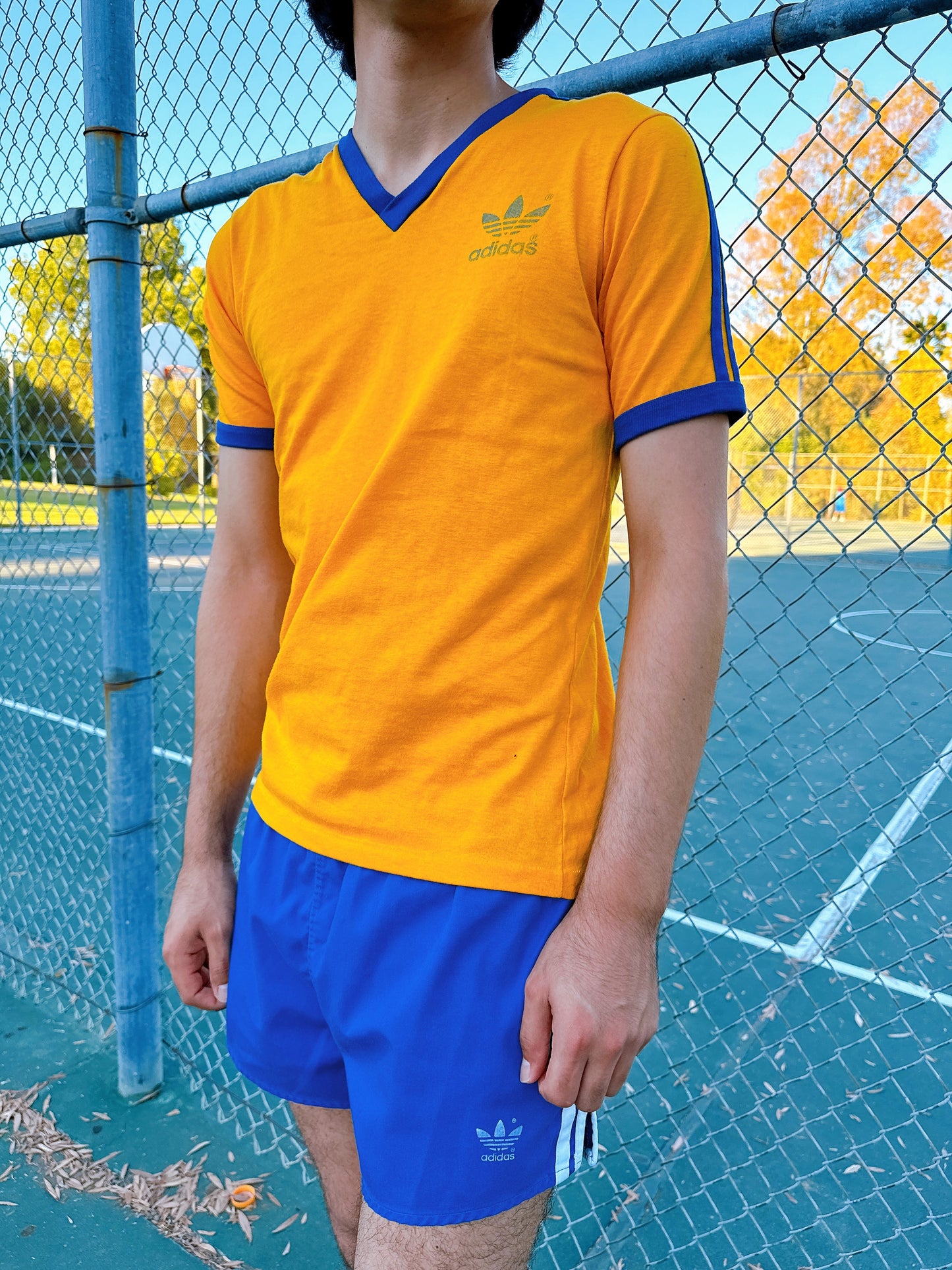 1980s Adidas Yellow & Navy V-Neck T-Shirt