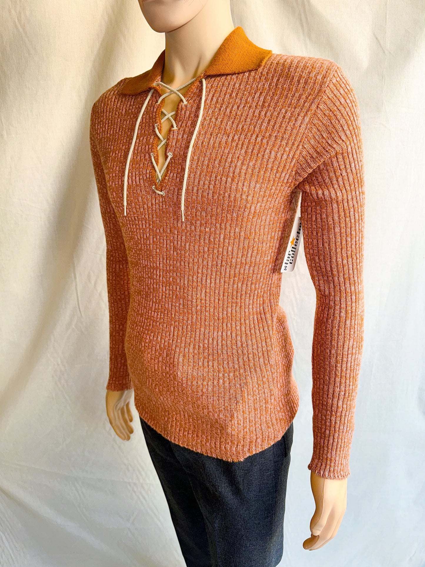 1970s Peachy Orange Heather Tie-Up Pullover Knit Top