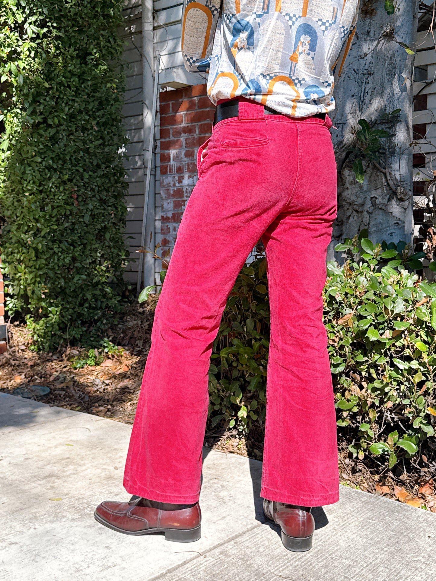 1970s High Waisted Burgundy Brushed Cotton Flared Pants + Wide Belt Loops