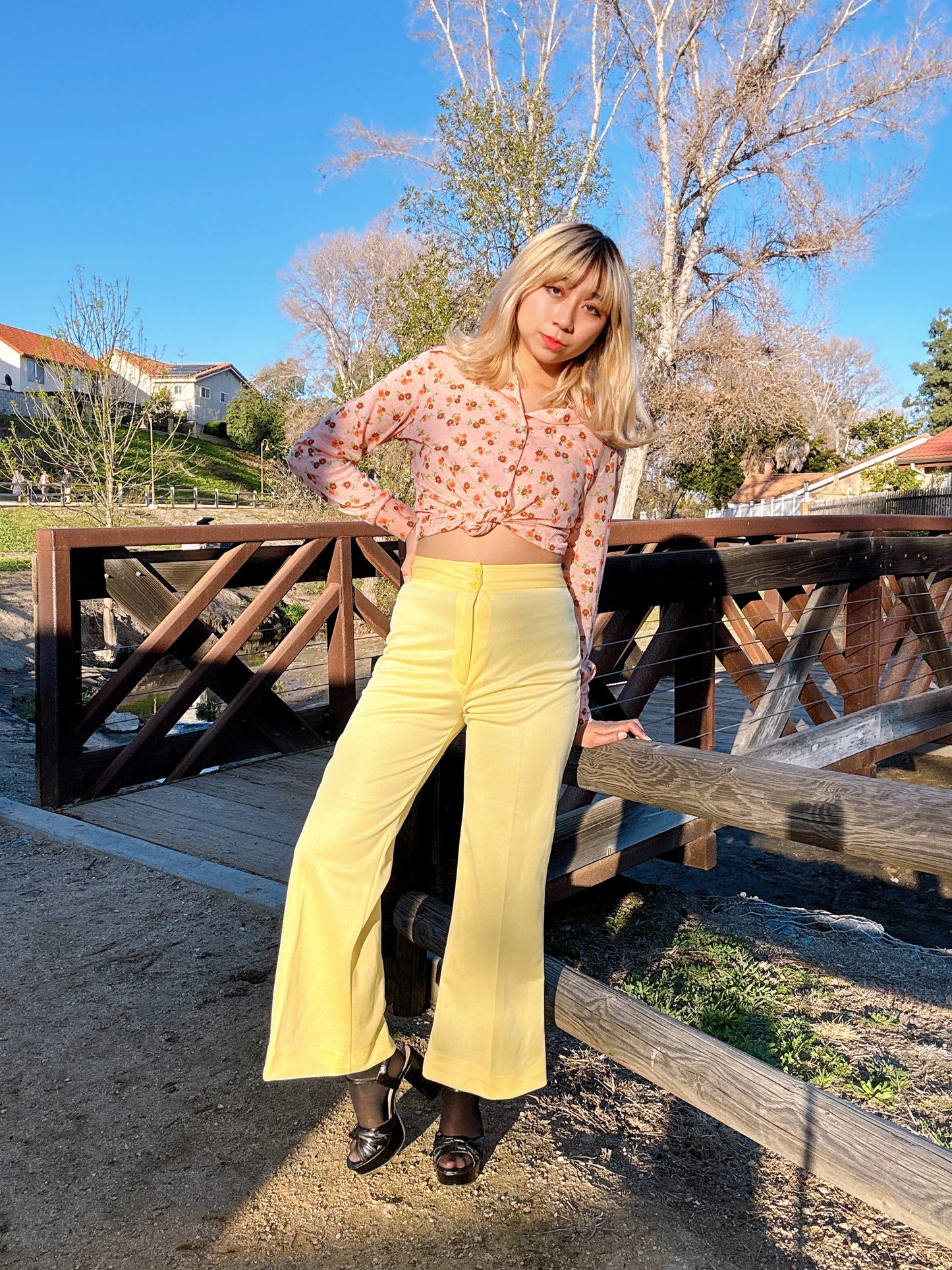 1970s Yellow Flared Polyester Pants