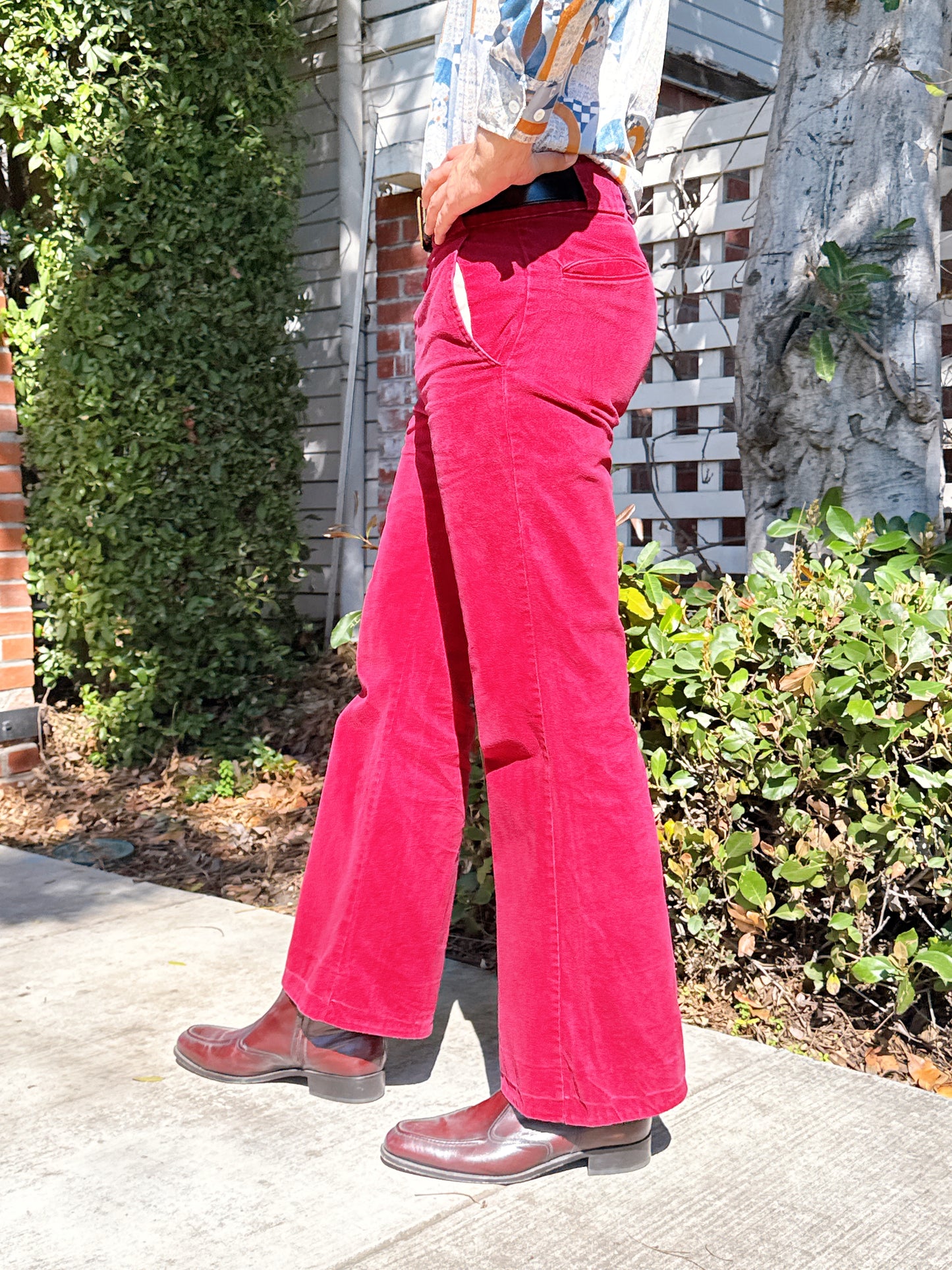 1970s High Waisted Burgundy Brushed Cotton Flared Pants + Wide Belt Loops