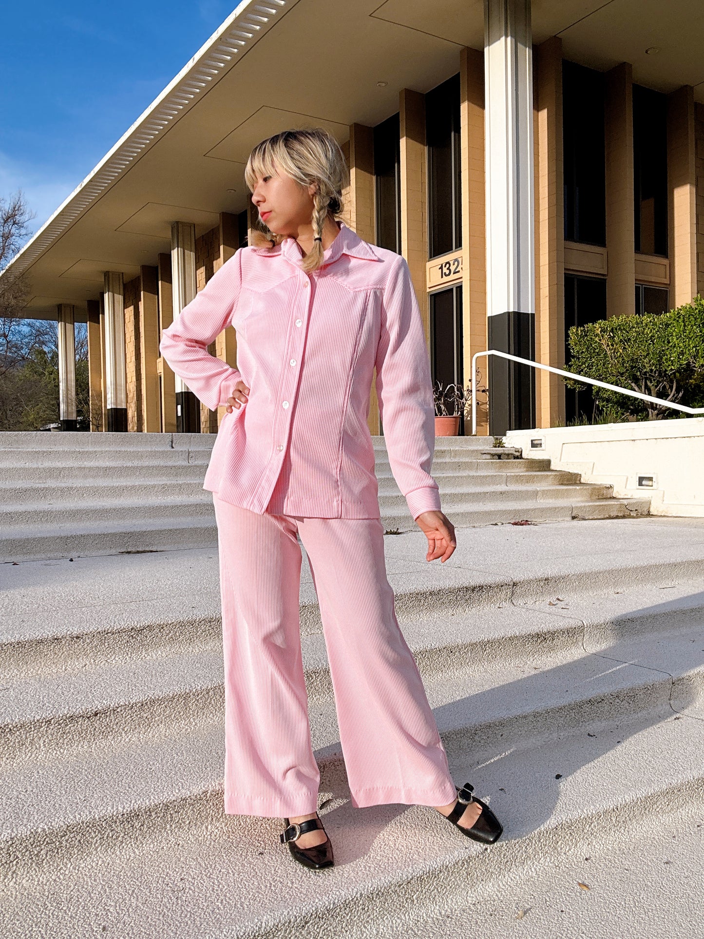 1970s Pink & White Pinstripe Top & Flare Pants Two Piece Set