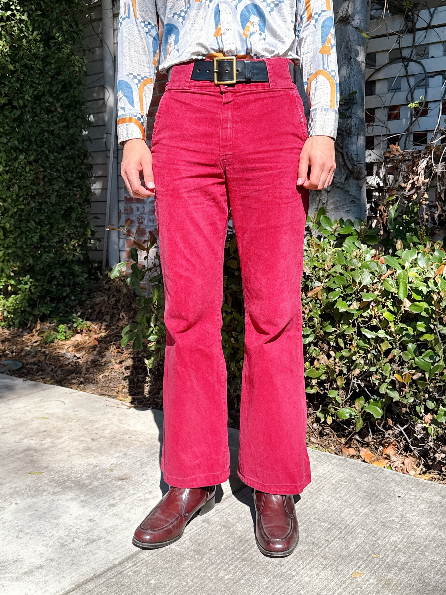 1970s High Waisted Burgundy Brushed Cotton Flared Pants + Wide Belt Loops