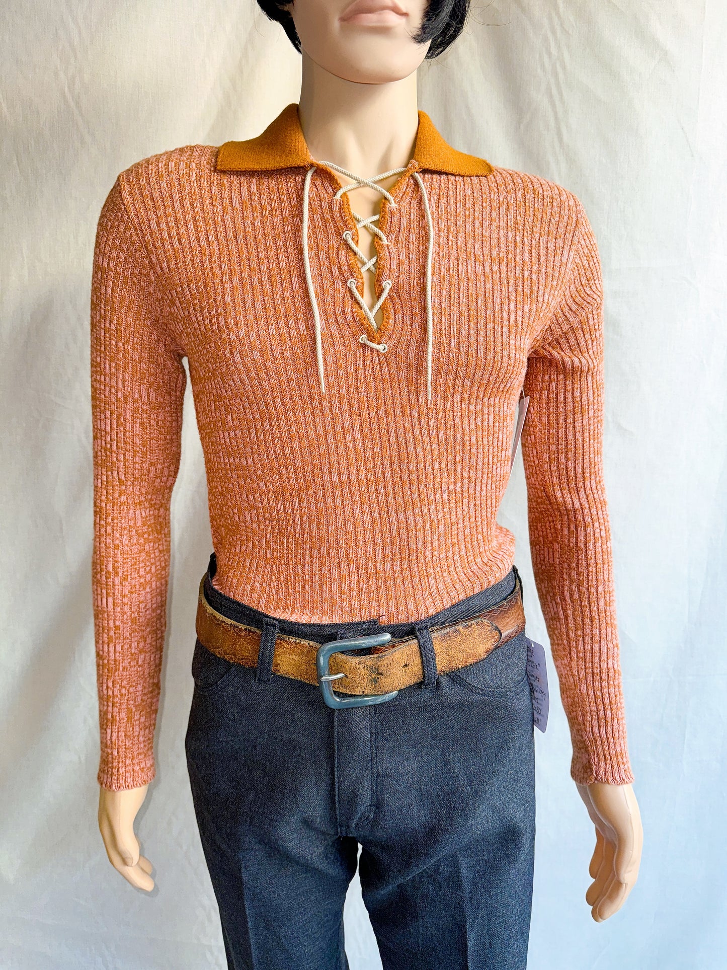 1970s Peachy Orange Heather Tie-Up Pullover Knit Top