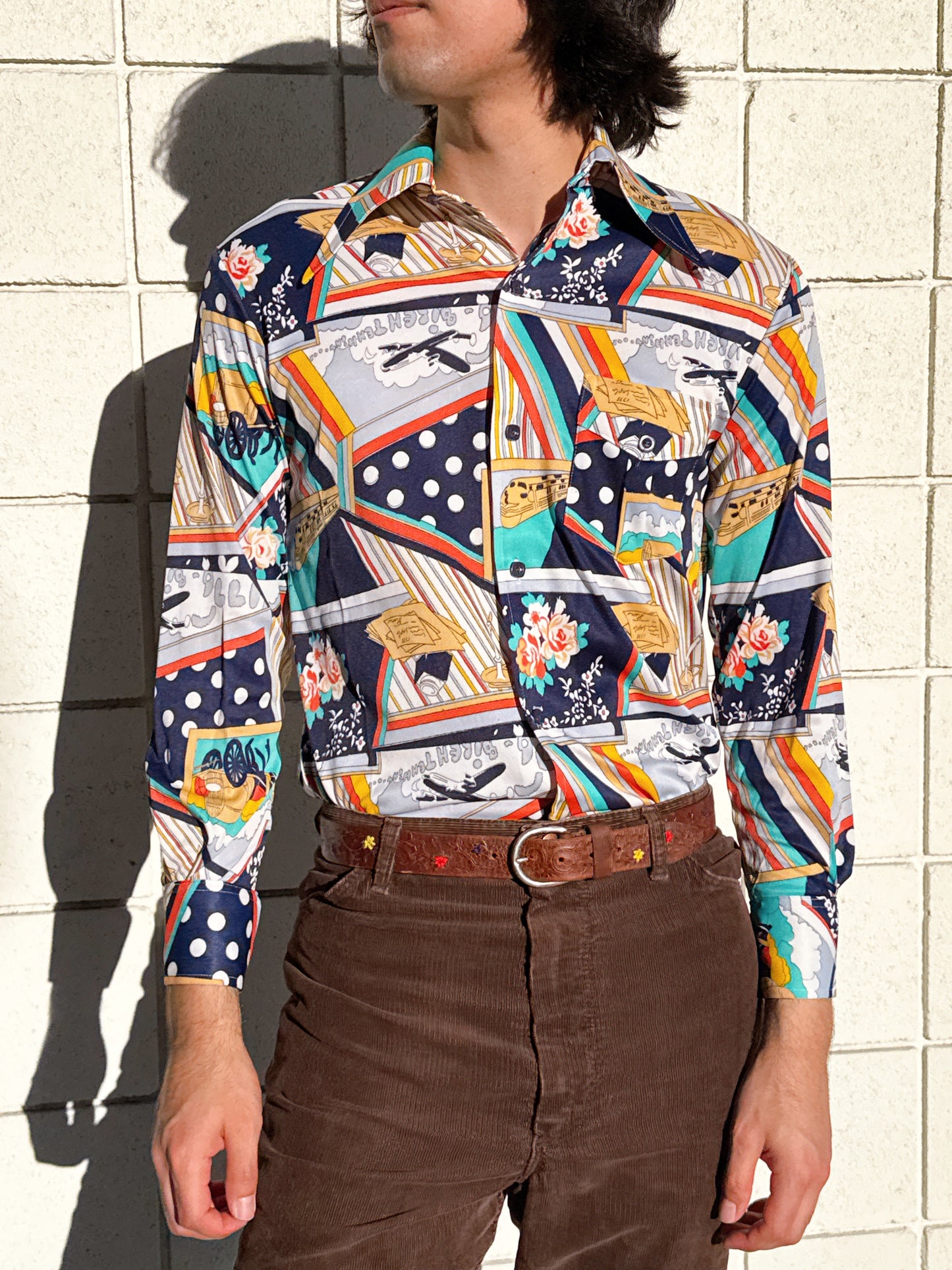 1970s Bicentennial Novelty Abstract Nylon Button Up Top