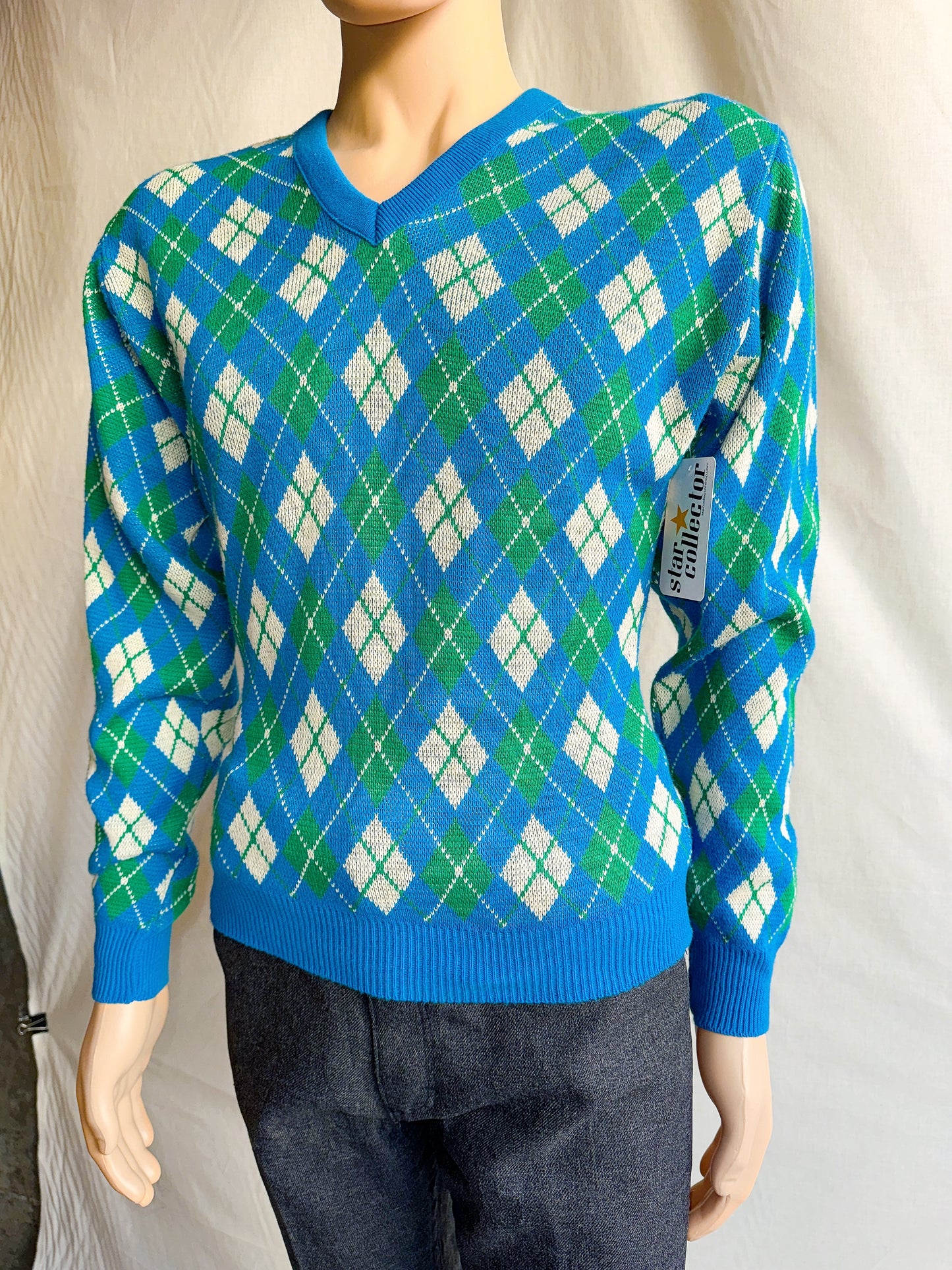 1970s Bright Blue, White, Green Argyle V-Neck Sweater