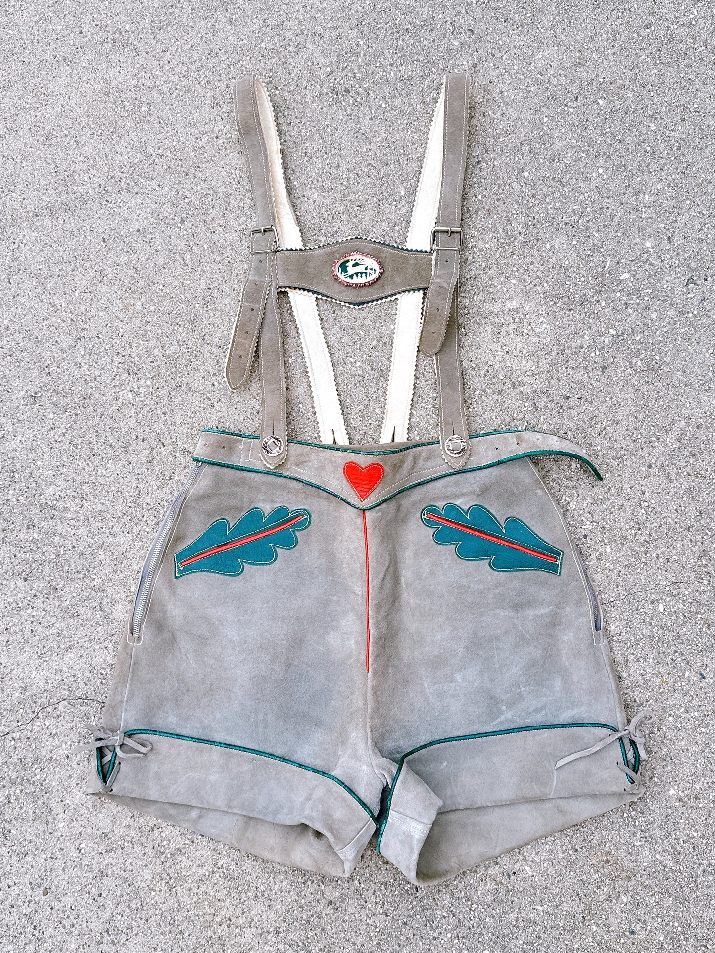 Vintage German Lederhosen Grey Suede Leather Short Suspenders