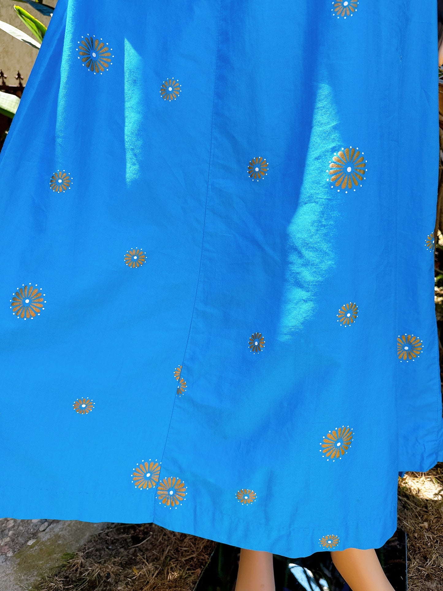 1960s Peacock Blue & Gold Hand-screened Hawaiian Maxi Dress