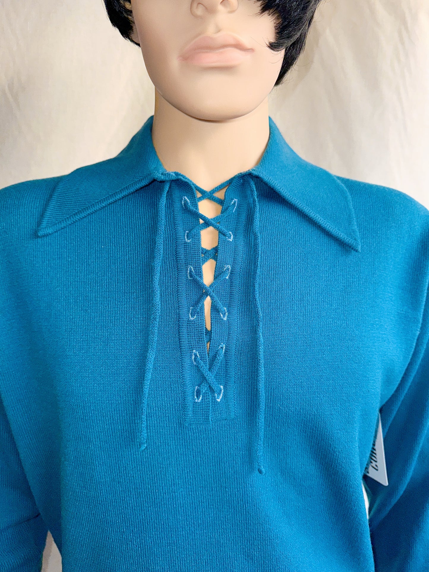1970s Blue Dagger Collar Lace Up Acrylic Top