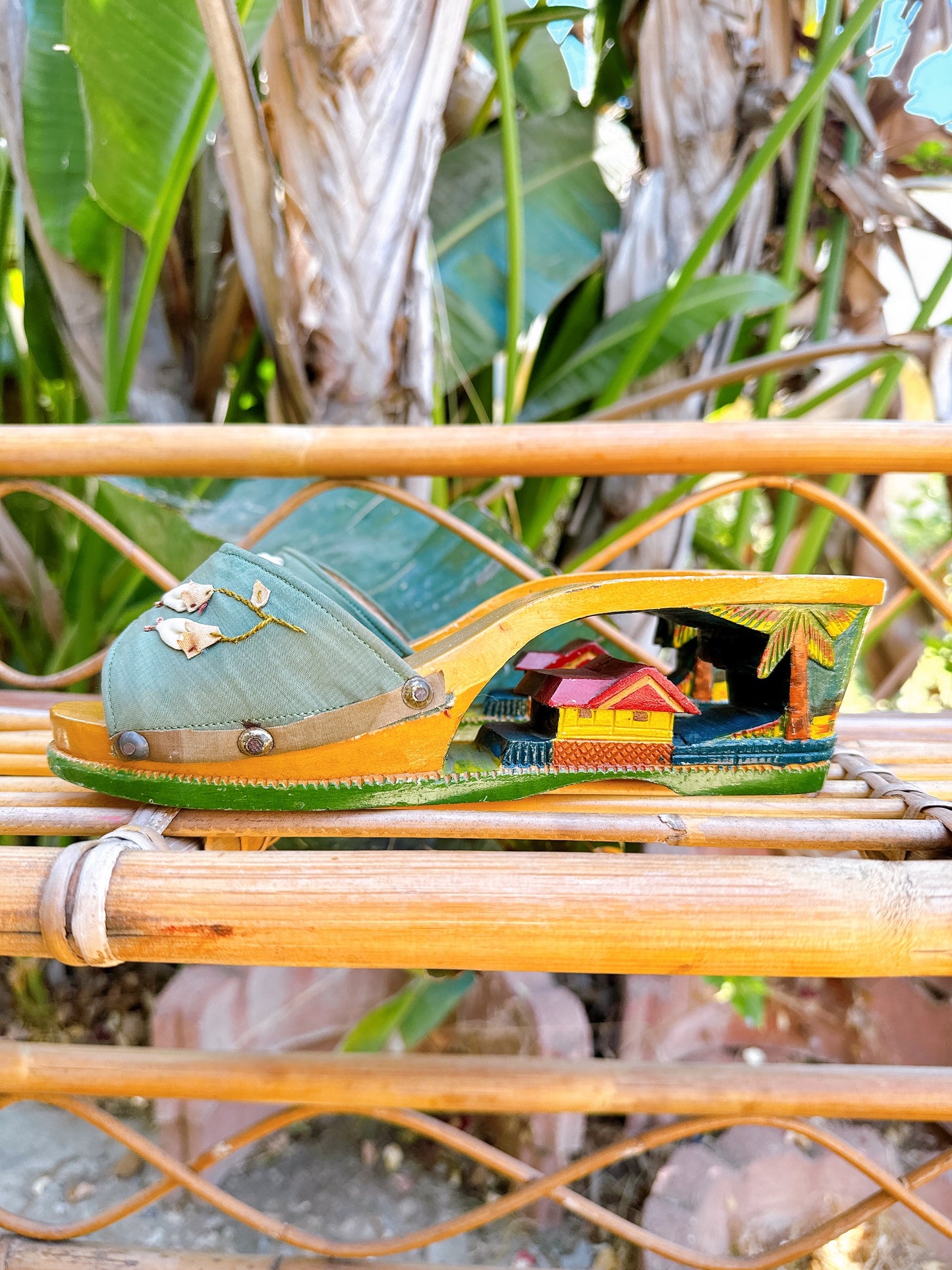1940s WWII Hand Carved Wooden Wedge Sandals Made in Philippines