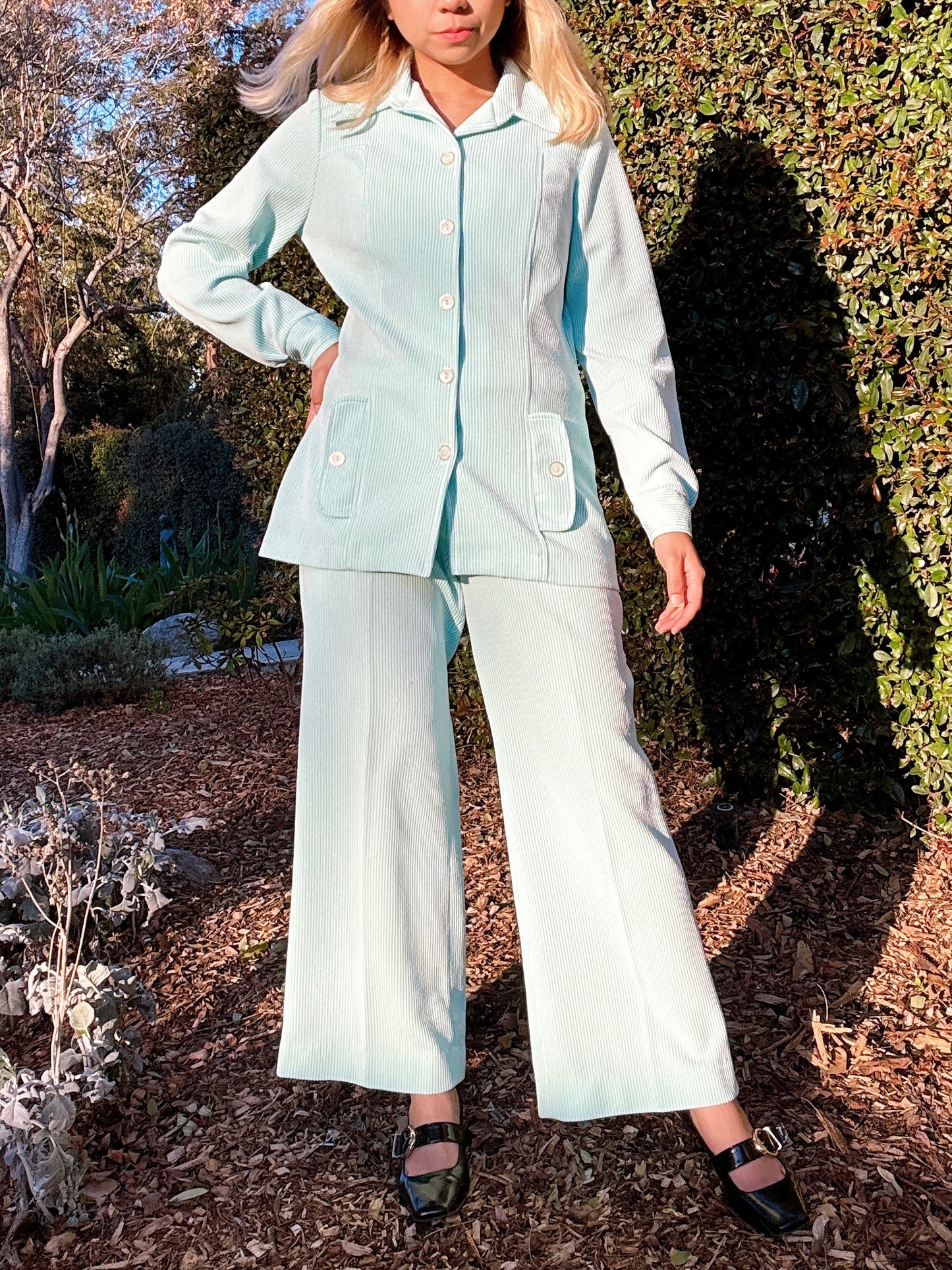 1970s Mint & White Pinstripe Top & Flared Pants Two Piece Set