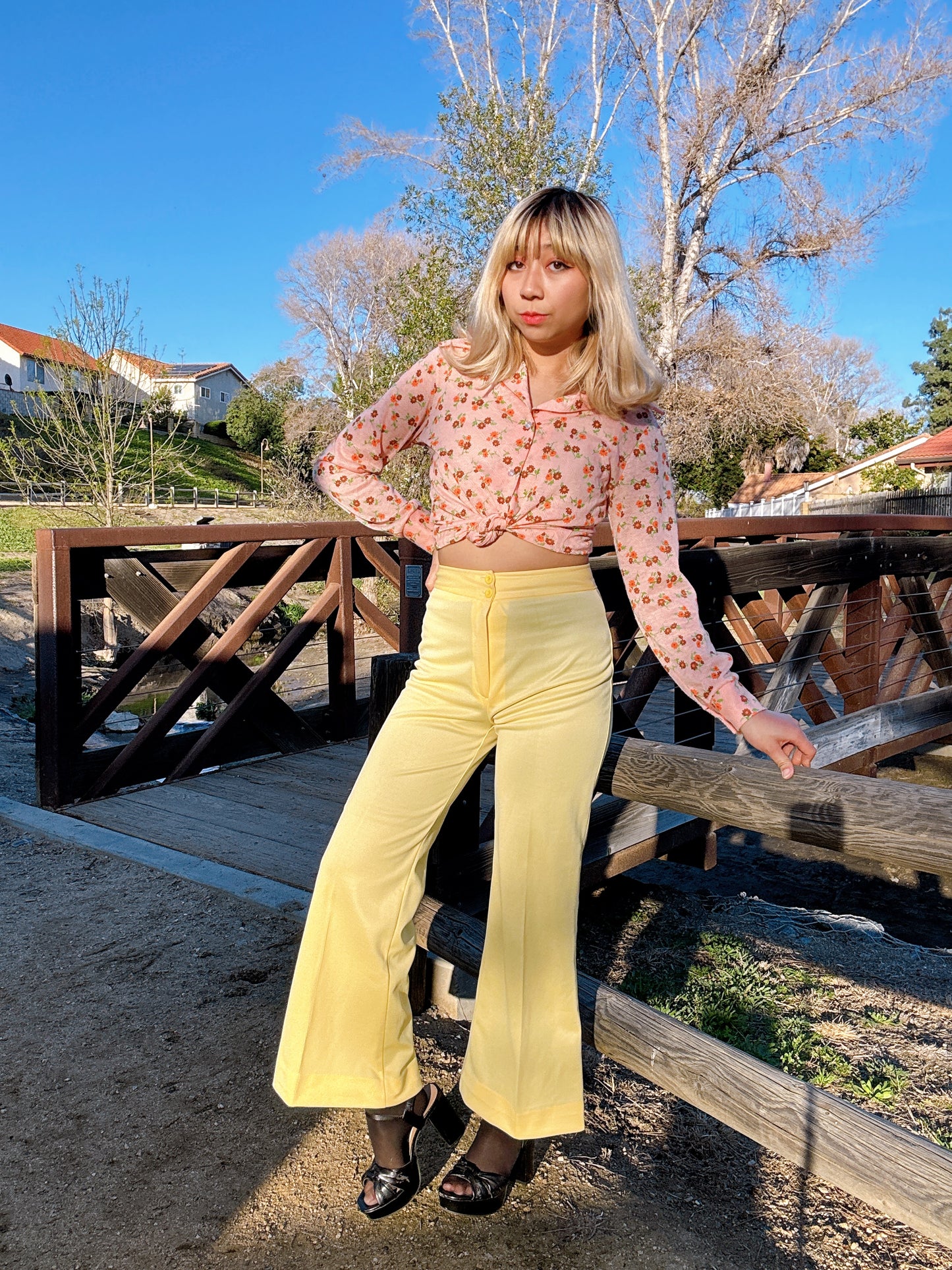 1970s Yellow Flared Polyester Pants