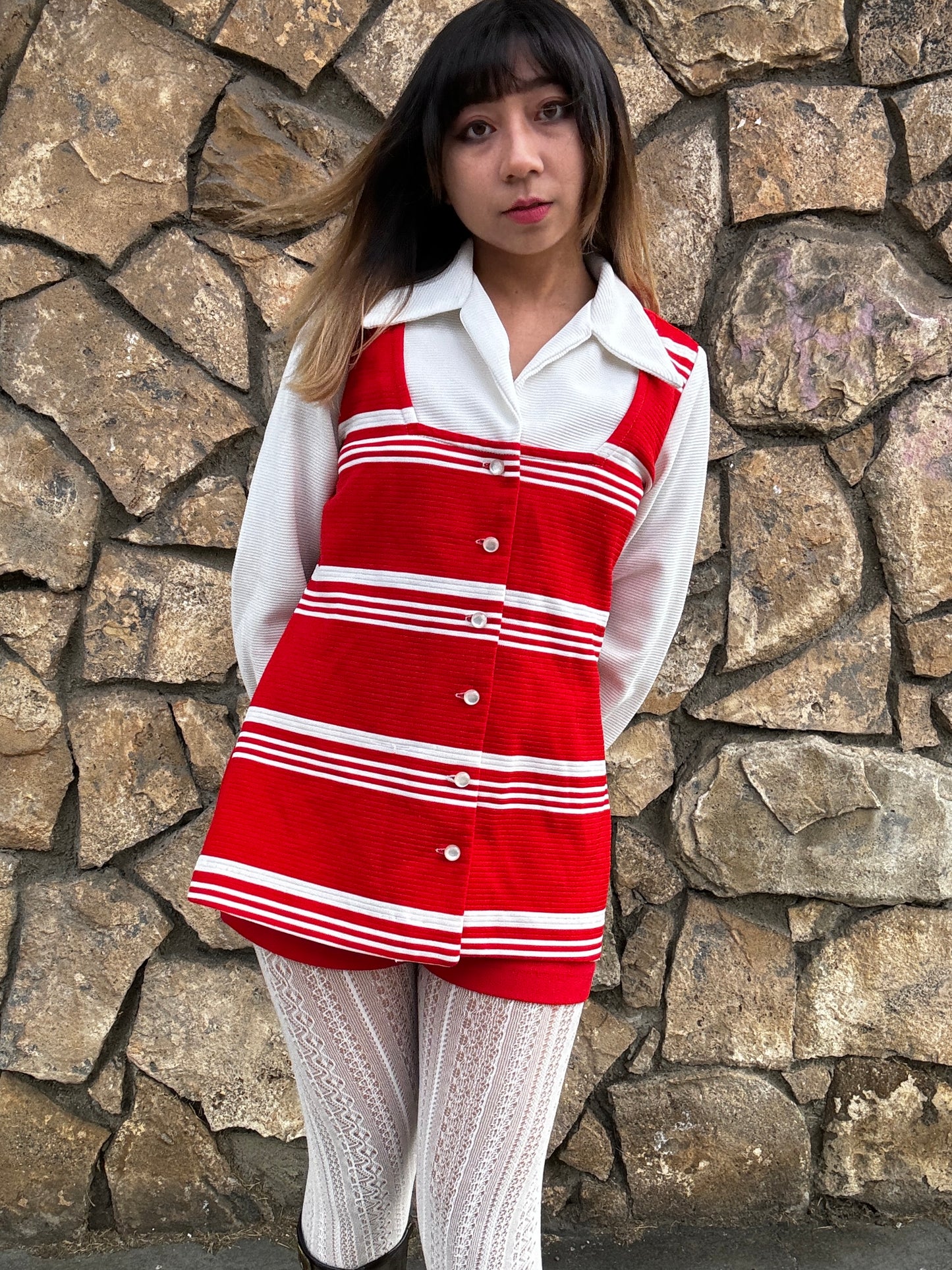 1970s Red and White Big Collar Striped Polyester Top