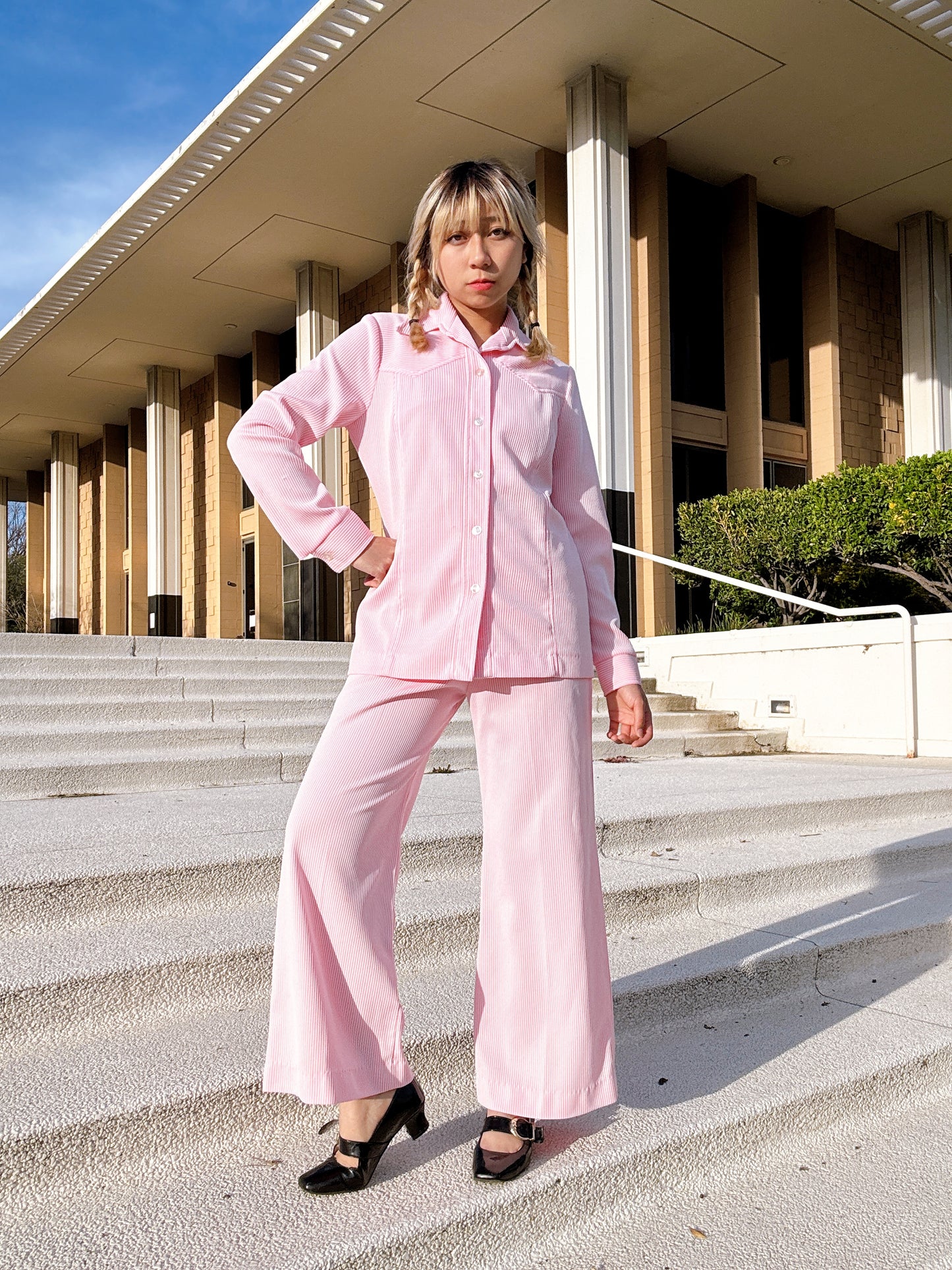 1970s Pink & White Pinstripe Top & Flare Pants Two Piece Set