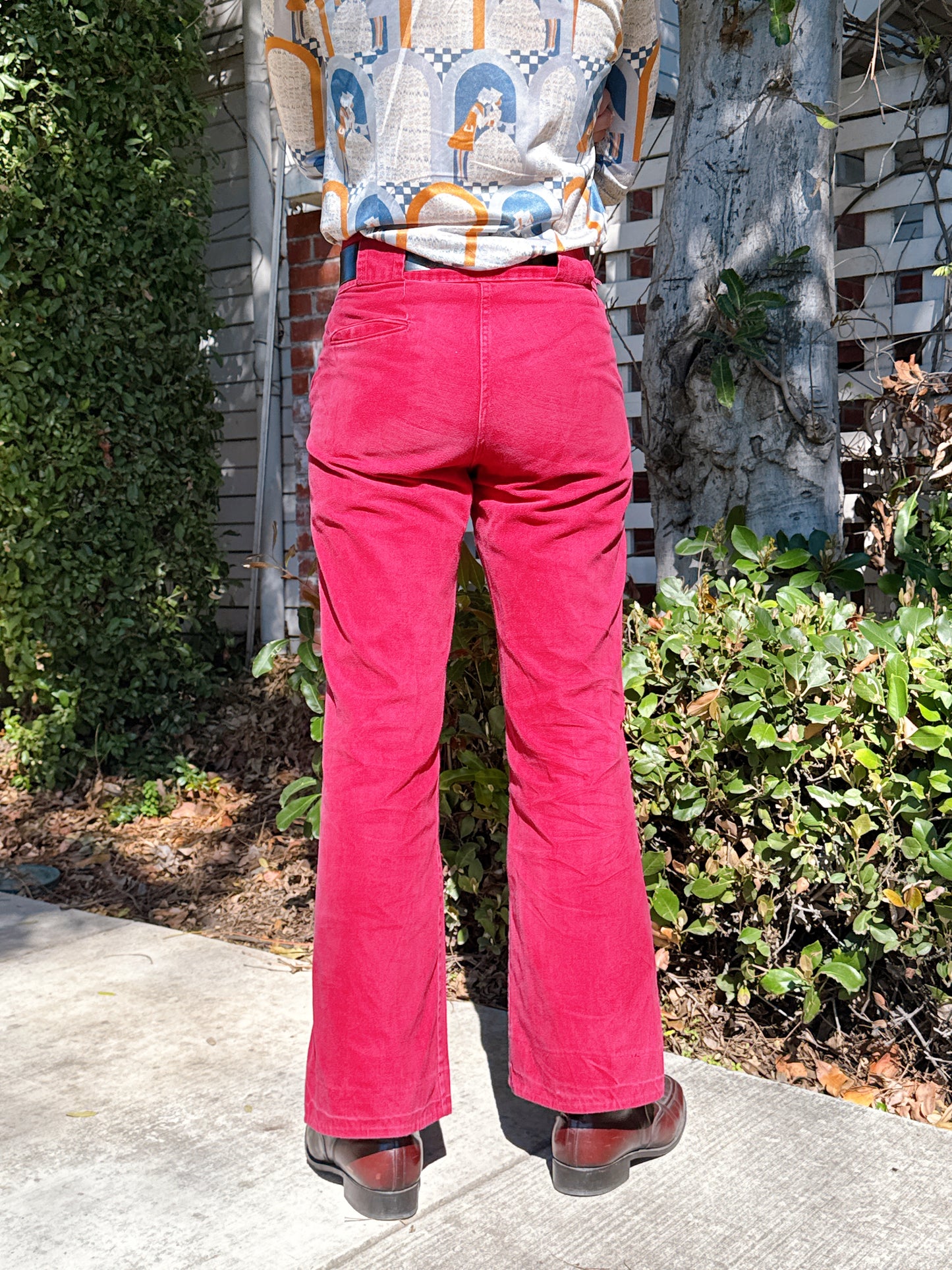 1970s High Waisted Burgundy Brushed Cotton Flared Pants + Wide Belt Loops