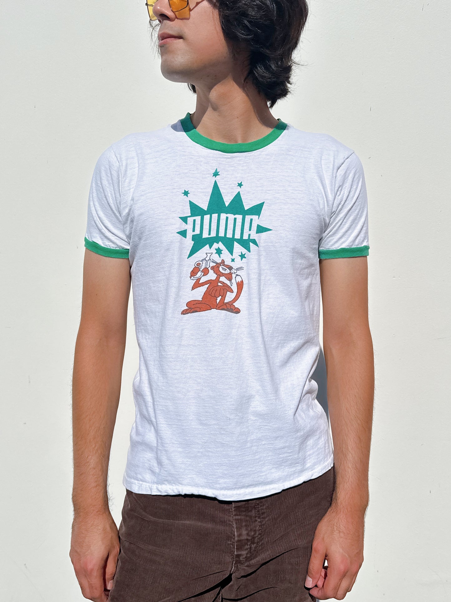 1970s 1980s Puma Panther Pistol White & Green Ringer T-Shirt