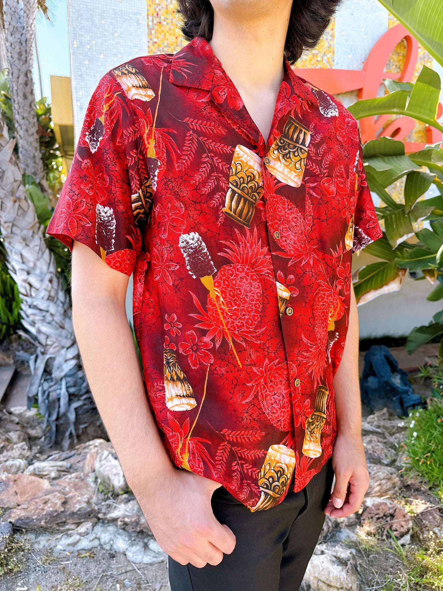 1950s / 1960s Bongos & Pineapples Red Hawaiian Shirt