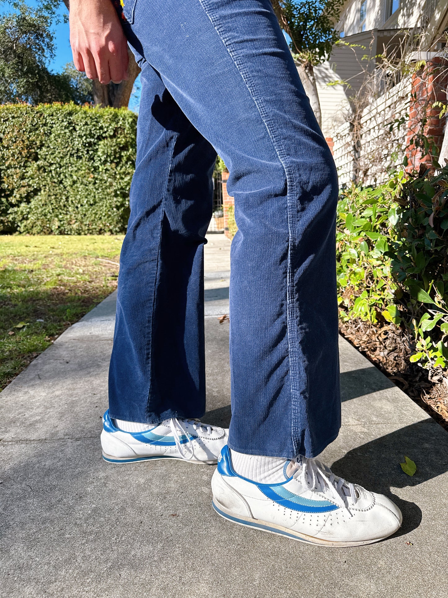 1970s Navy Corduroy Flared Pants w/ Embroidered Shooting Star Novelty Back Pocket Stitching by Sedgefield