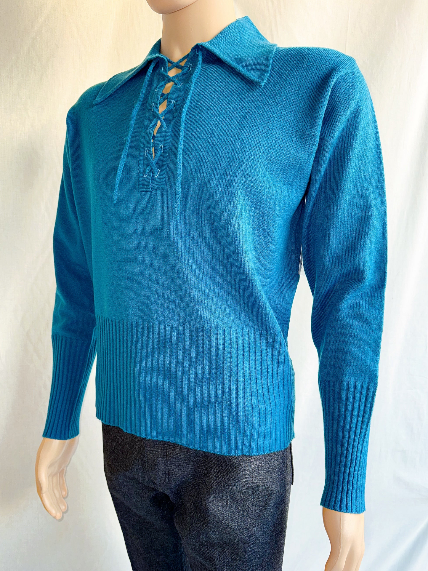 1970s Blue Dagger Collar Lace Up Acrylic Top