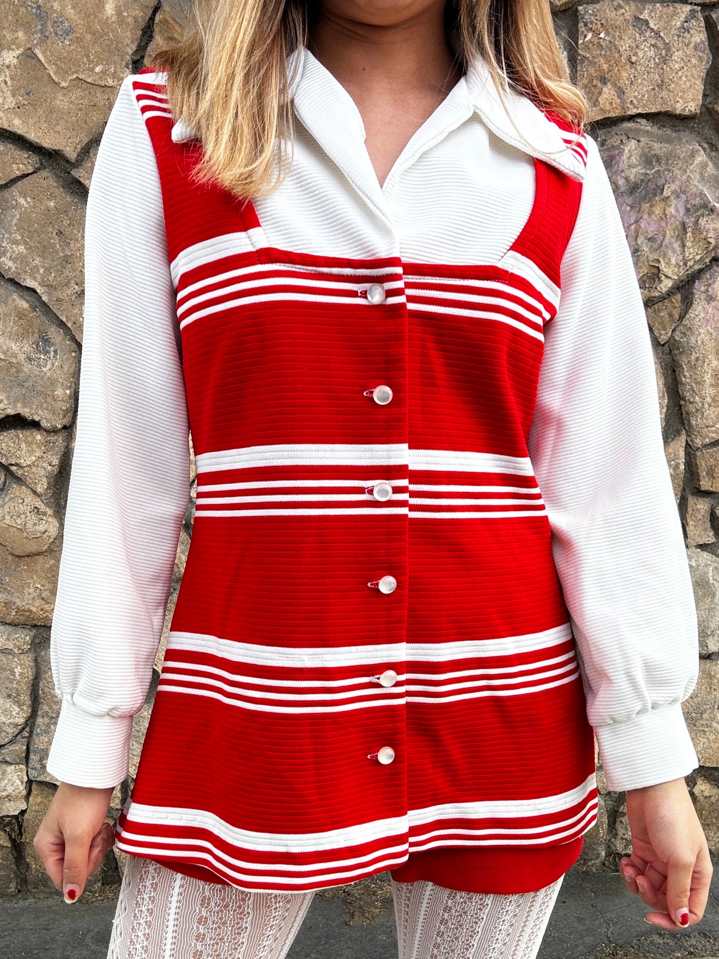 1970s Red and White Big Collar Striped Polyester Top