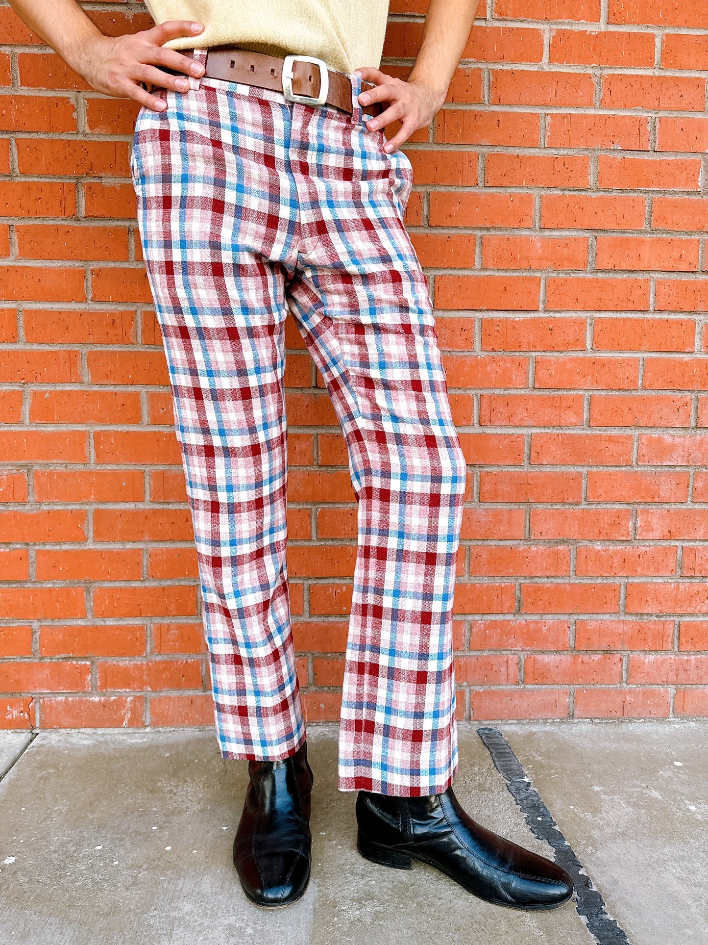 1970s Burgundy, Blue, & White Plaid Flare Leg Pants by Hathaway OtherWear 34x31