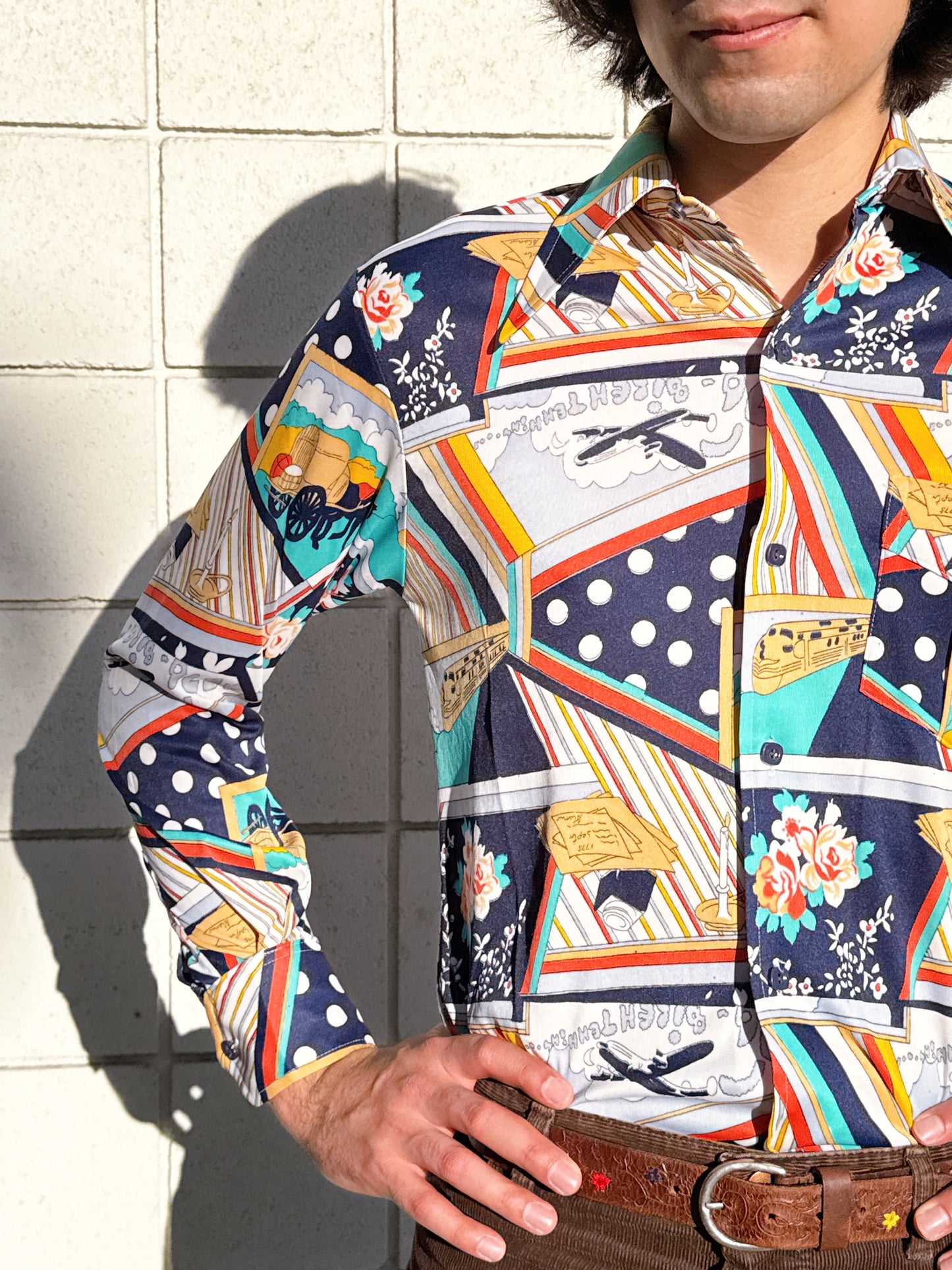1970s Bicentennial Novelty Abstract Nylon Button Up Top