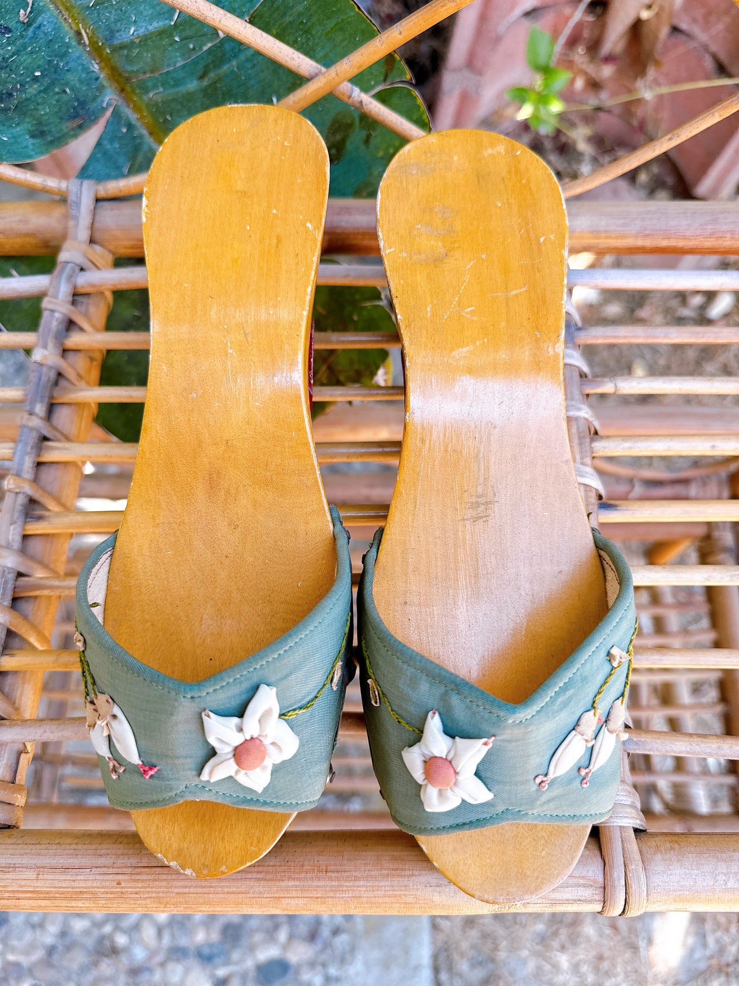1940s WWII Hand Carved Wooden Wedge Sandals Made in Philippines