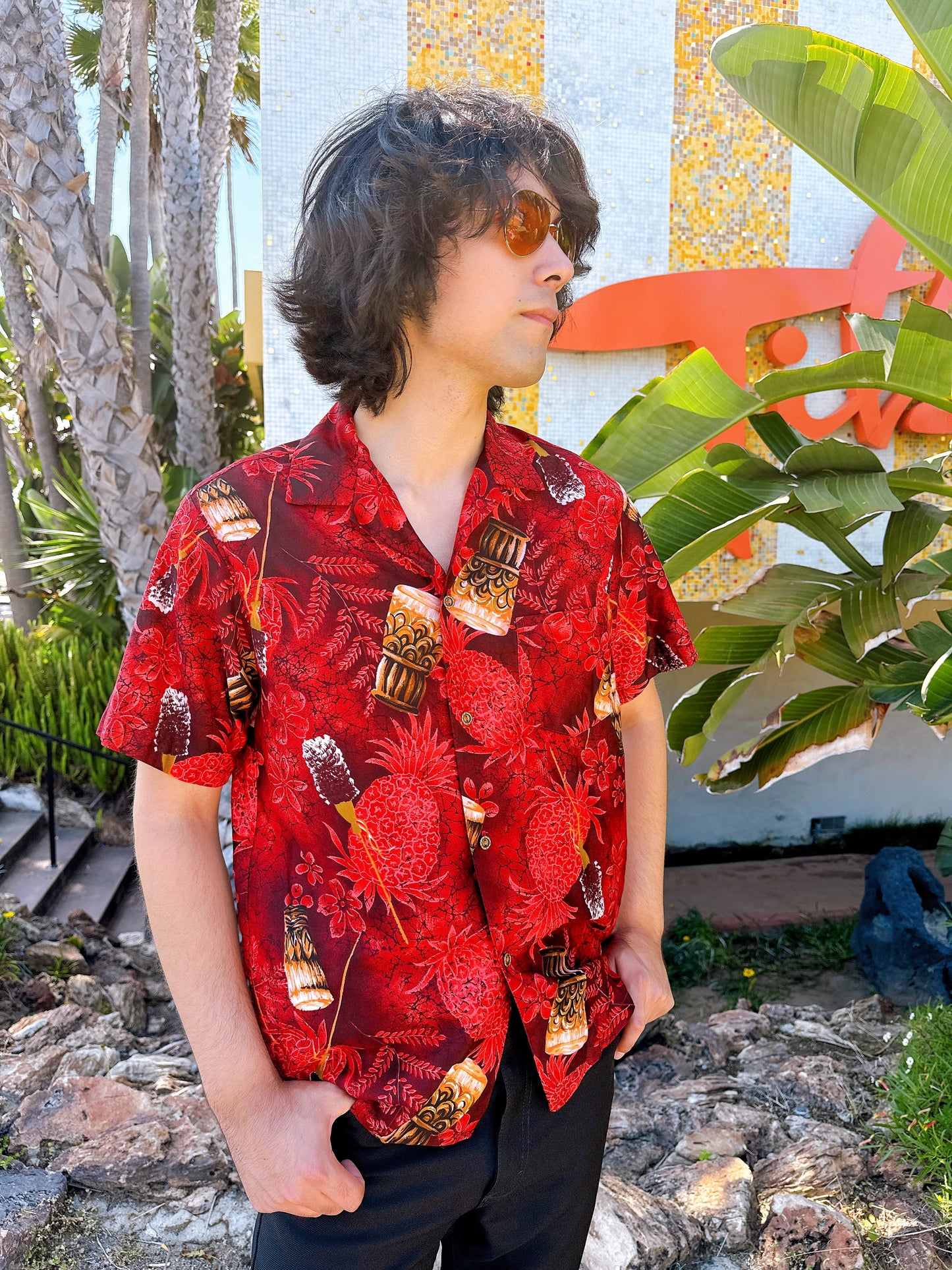 1950s / 1960s Bongos & Pineapples Red Hawaiian Shirt