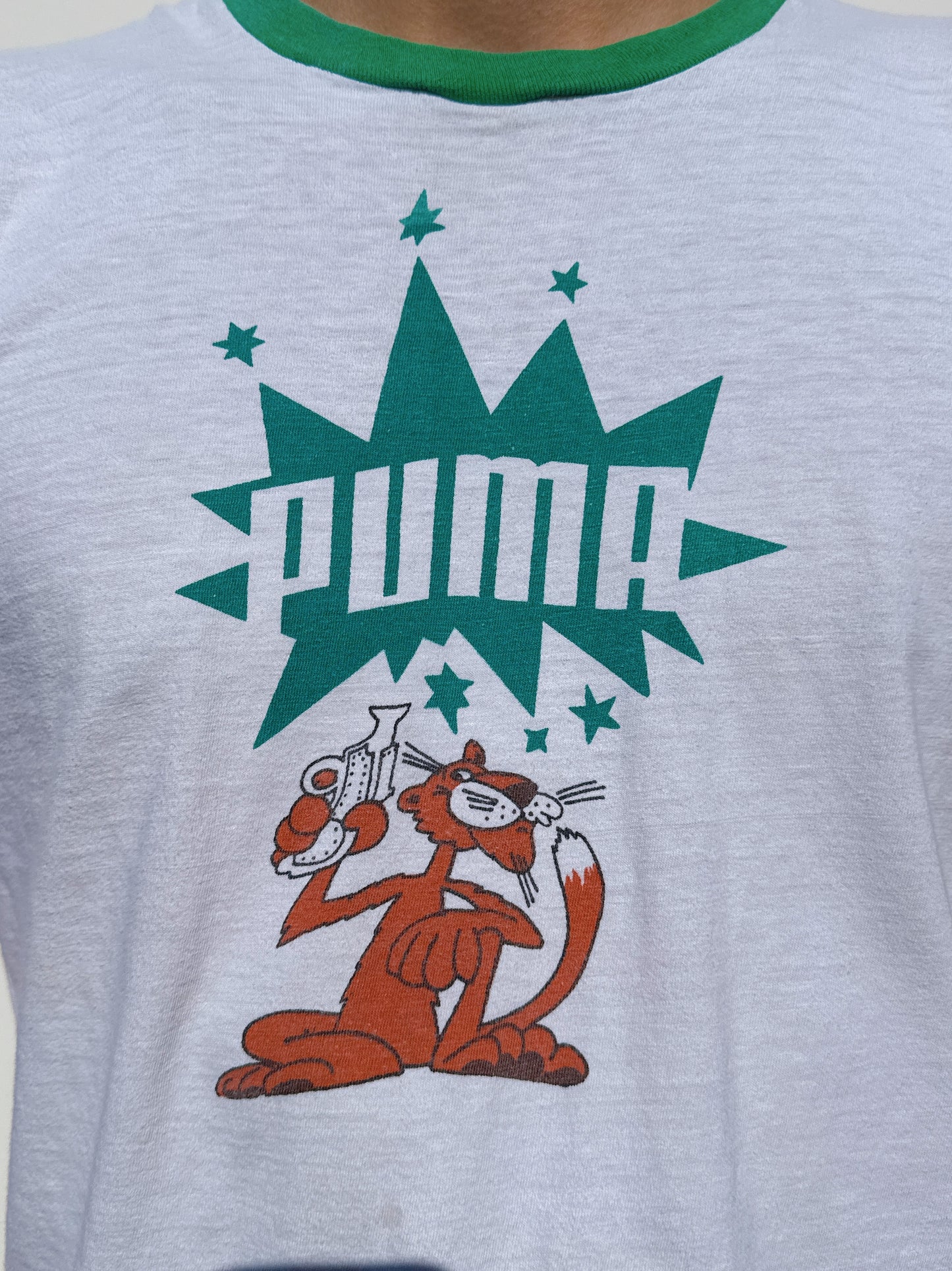 1970s 1980s Puma Panther Pistol White & Green Ringer T-Shirt