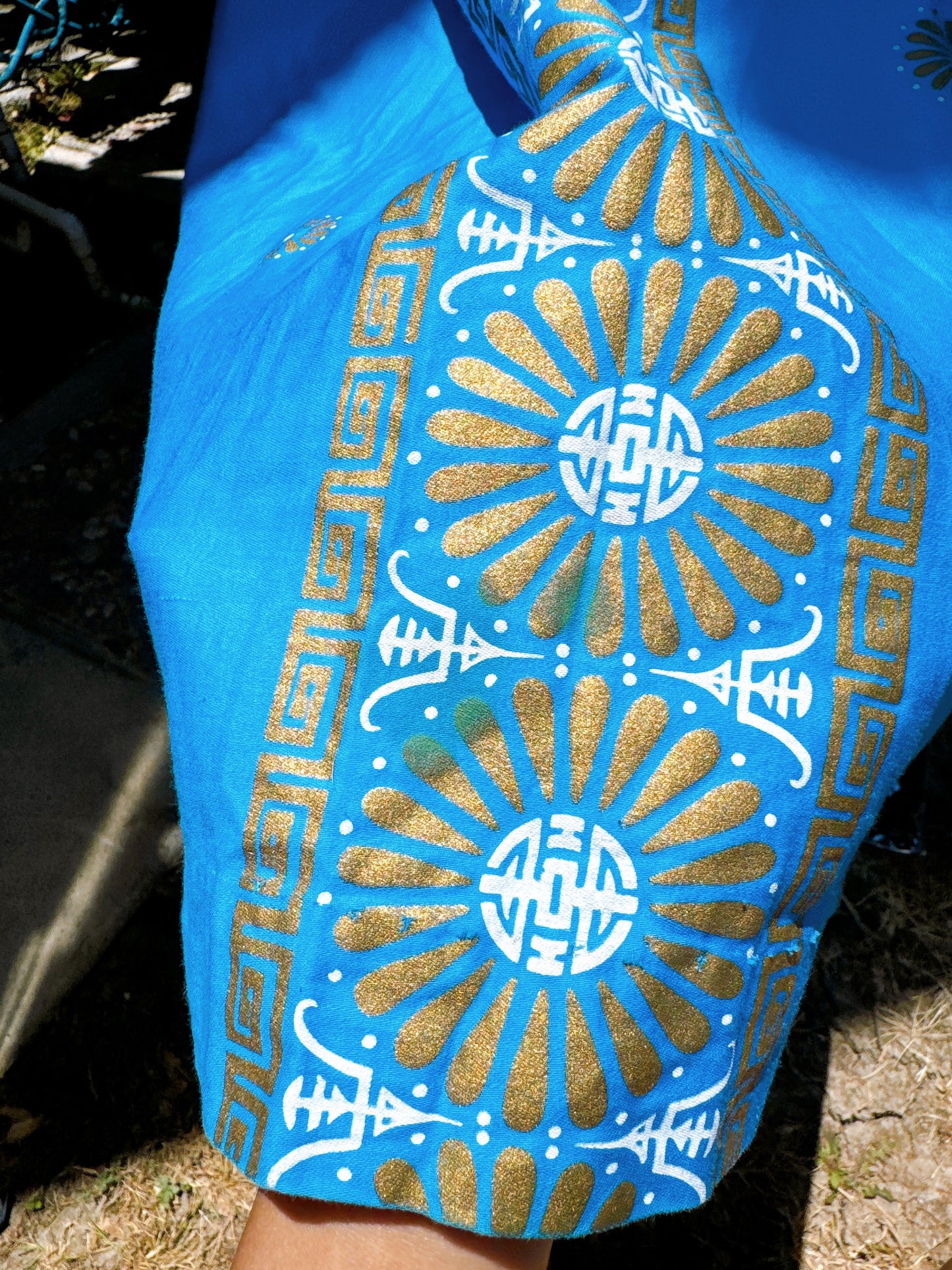 1960s Peacock Blue & Gold Hand-screened Hawaiian Maxi Dress