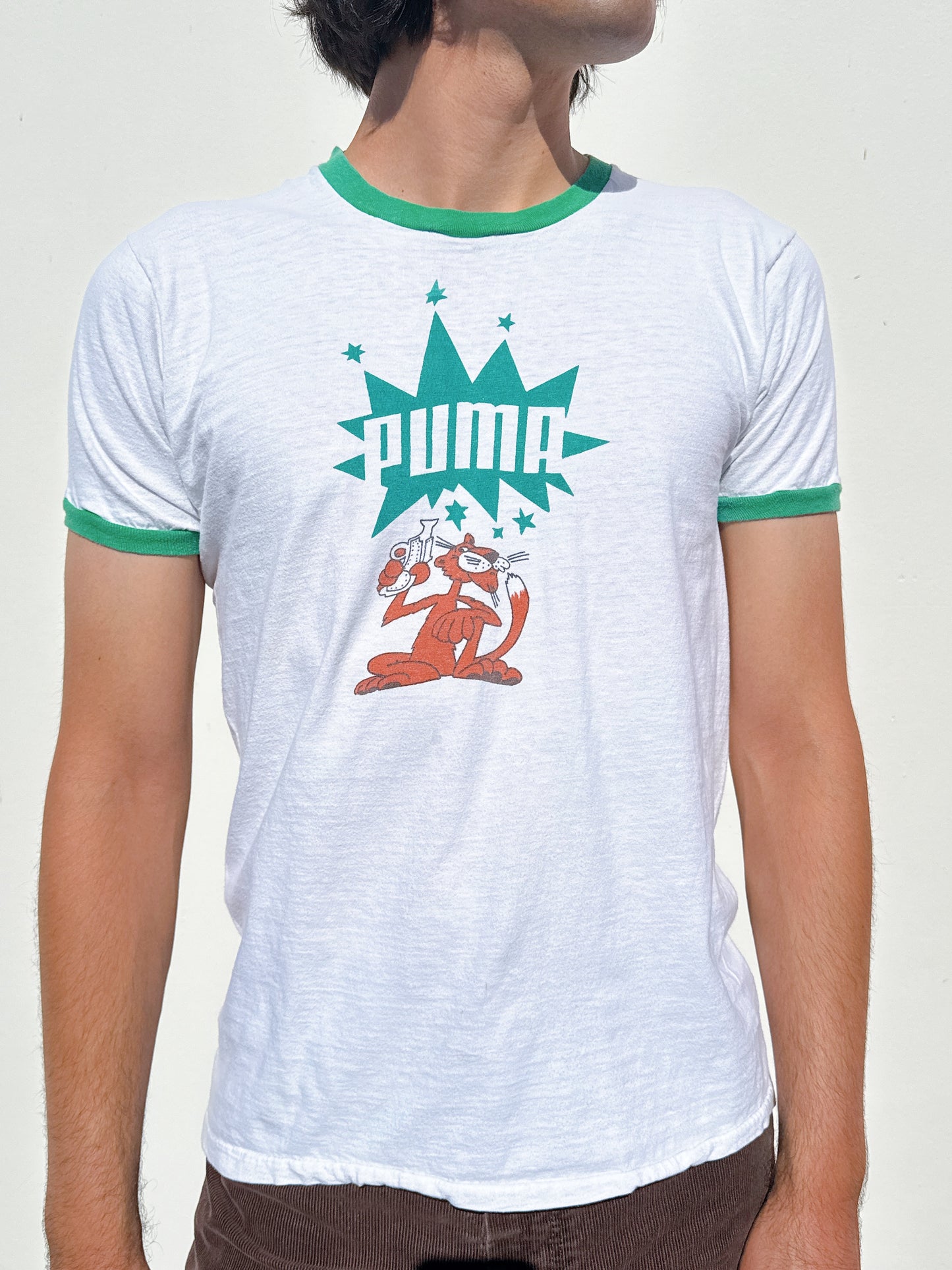 1970s 1980s Puma Panther Pistol White & Green Ringer T-Shirt