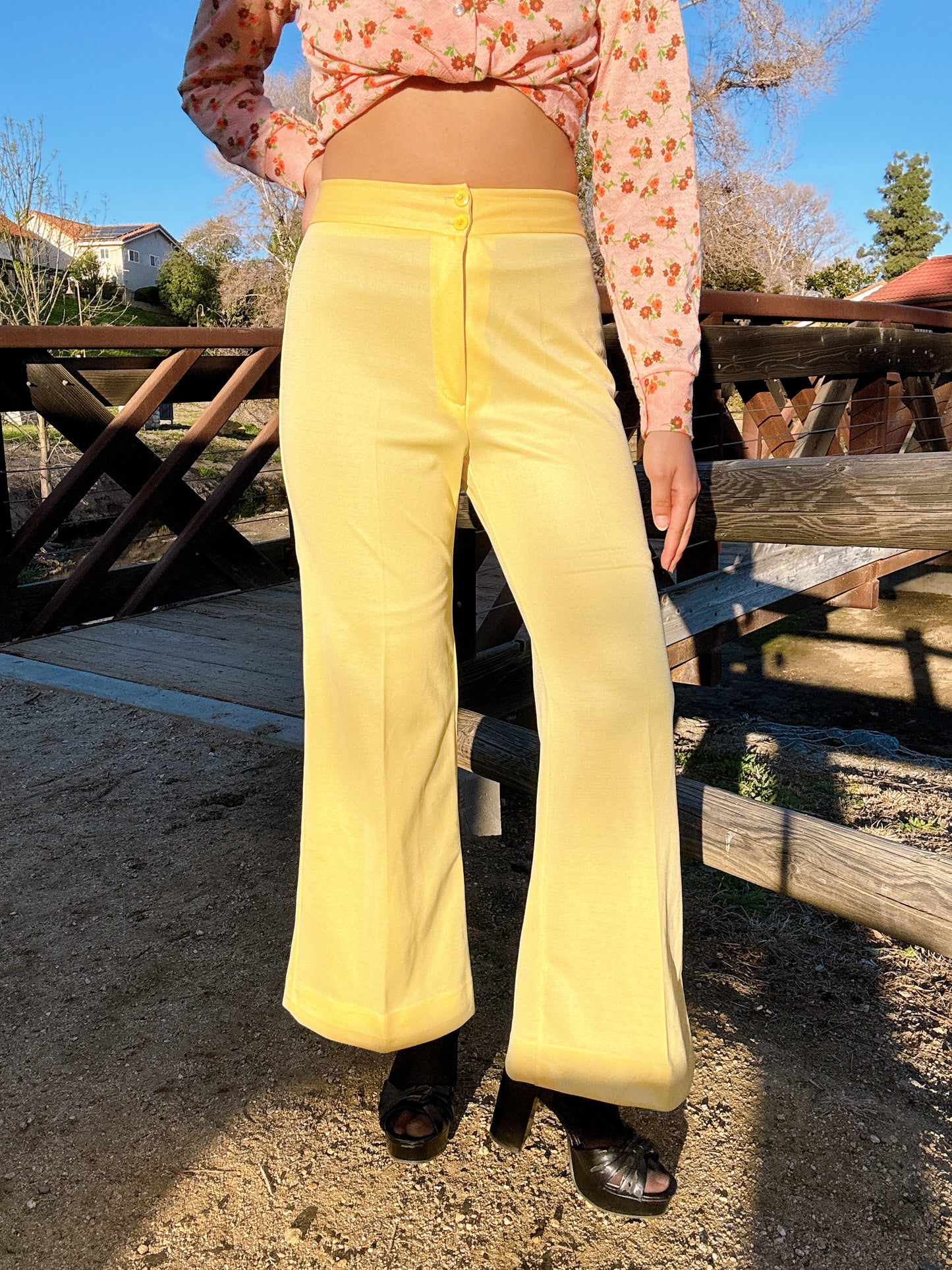 1970s Yellow Flared Polyester Pants