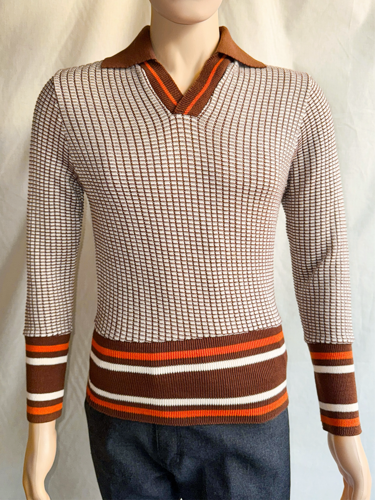 1970s Brown, Orange, White V-Neck Collar Pullover Knit Top