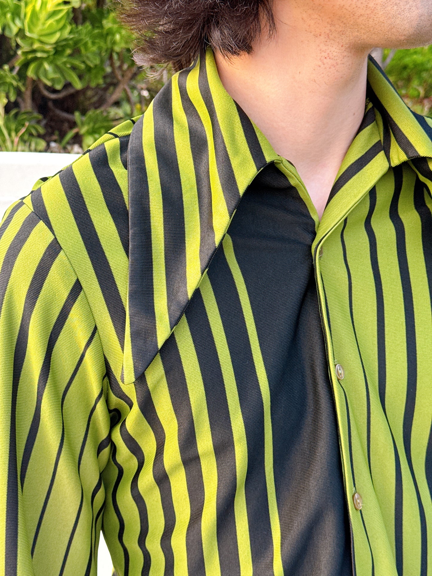 RARE 1970s Green & Black HUGE Dagger Collar Button Up Top